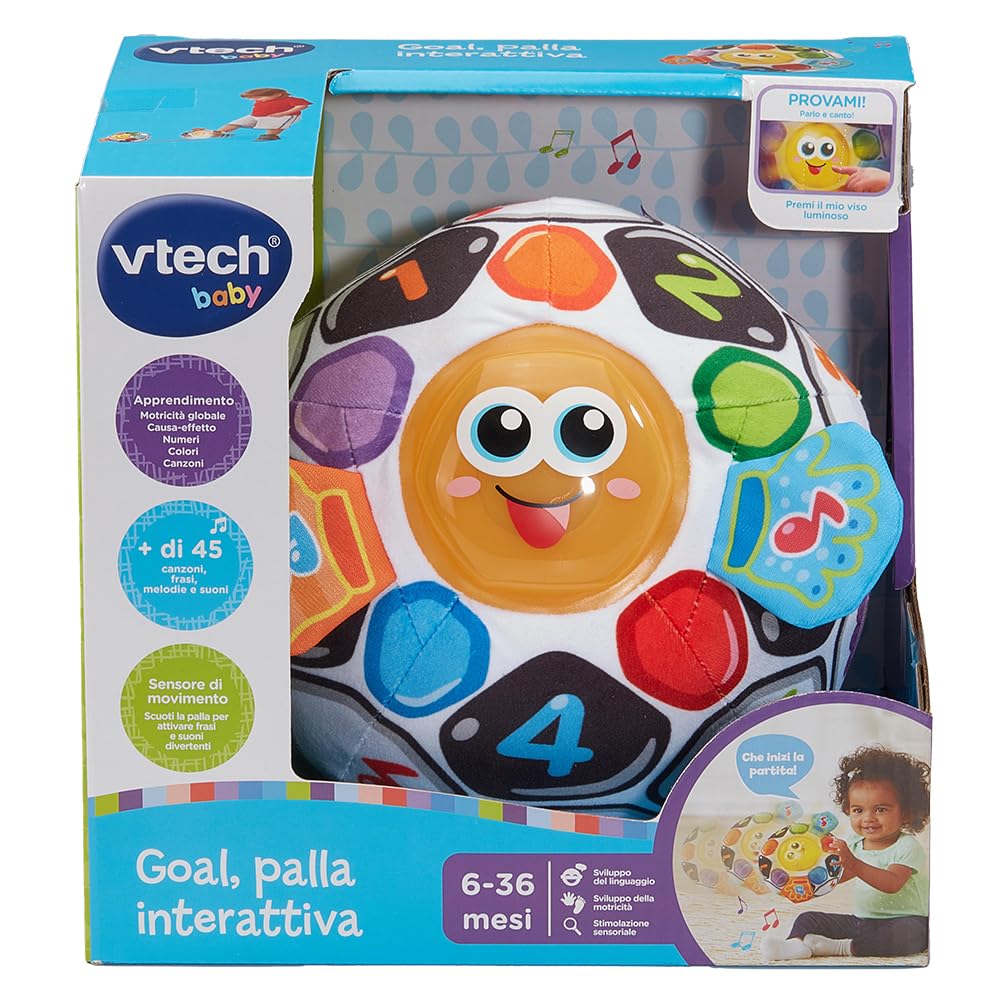VTech Goal, Palla Interattiva, Gioco Educativo Bambino con Sensore di Movimento, Oltre 40 Canzoni e Suoni, Lavabile in Lavatrice, Palla Prime Scoperte, Lingua Italiana, Batterie Incluse, 6-36 Mesi