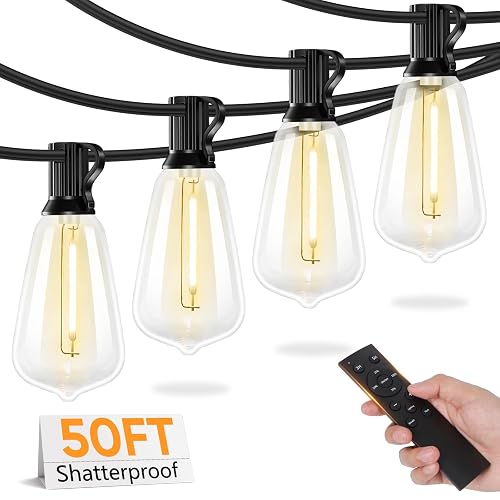 Brightever 50FT Outdoor String Lights with Remote, LED String Lights for Outside with 16 Shatterproof ST38 Vintage Edison Bulbs, 3 Modes 2 Timer Dimmable Outside Lighting for Patio, Gazebo, Deck, Yard