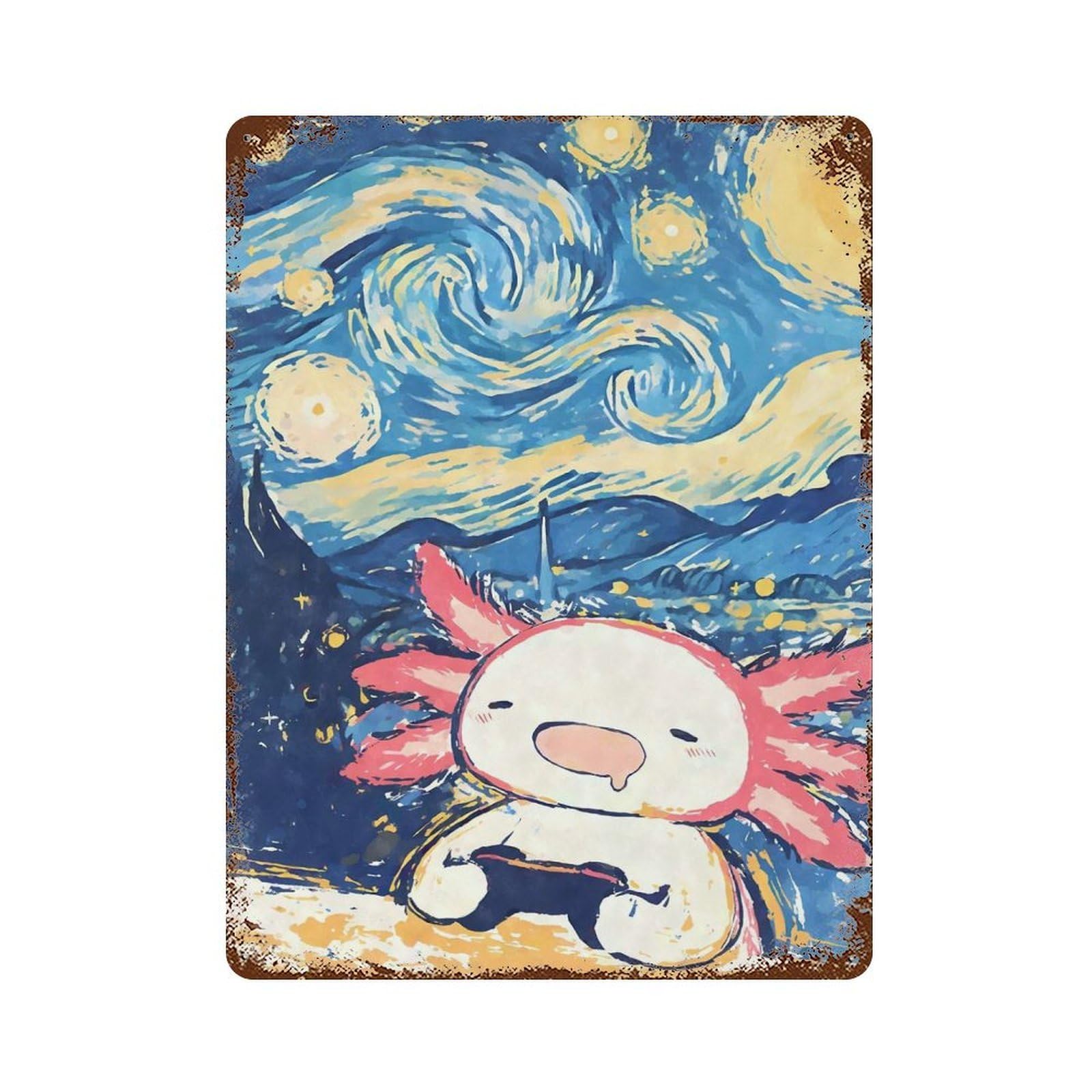 Decorative Tin Sign with Axolotl Gaming Starry Night Design 15.7"x11.8", for Garage, Bar And Workshop Decor, Decorative Metal Wall Art