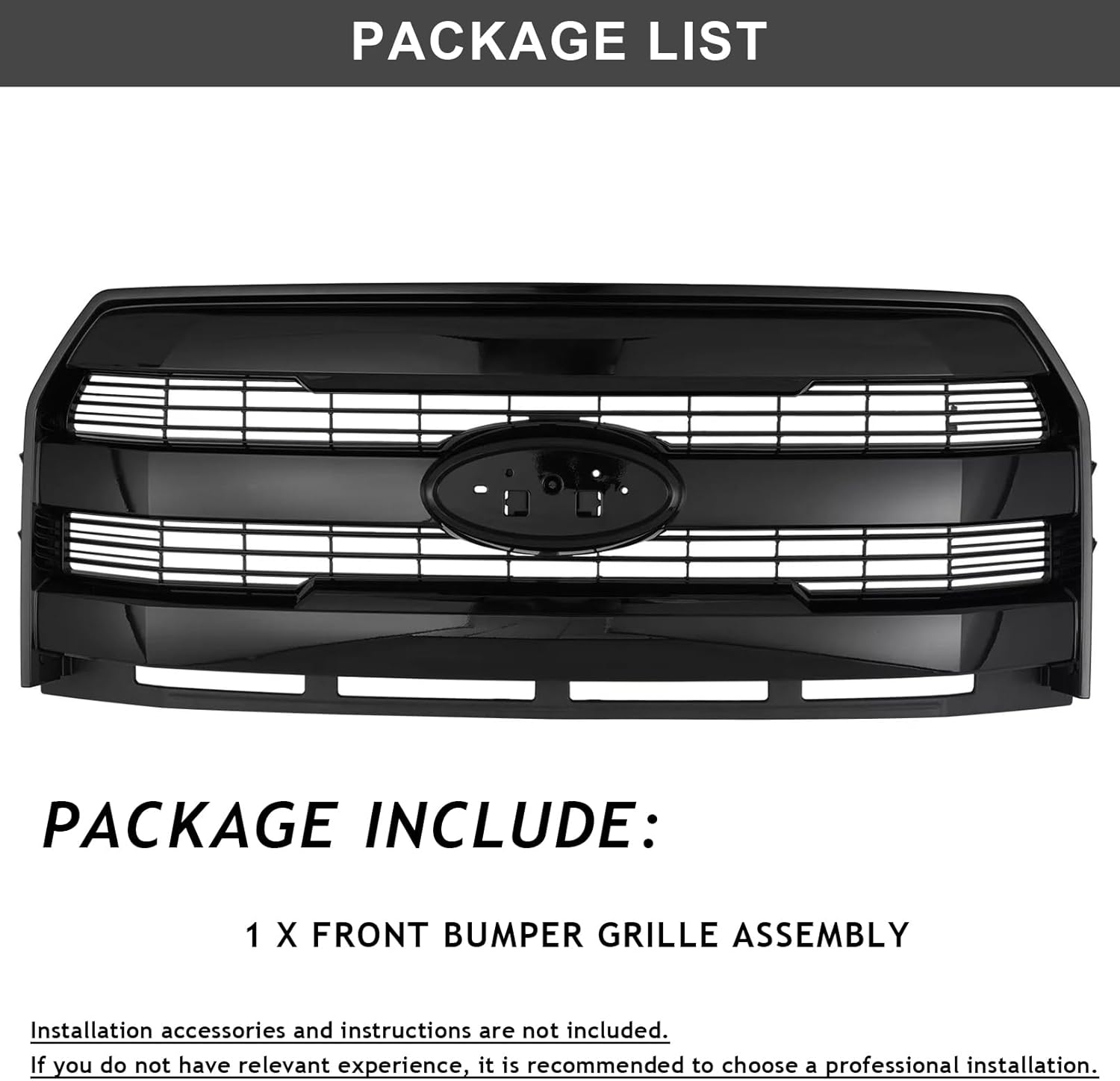 Front Bumper Grille Assembly Compatible with 2015 2016 2017 Ford F150 F-150 Upper Hood Mesh Grill W/O Camera Hole Replacement ABS Plastic (Glossy Black)
