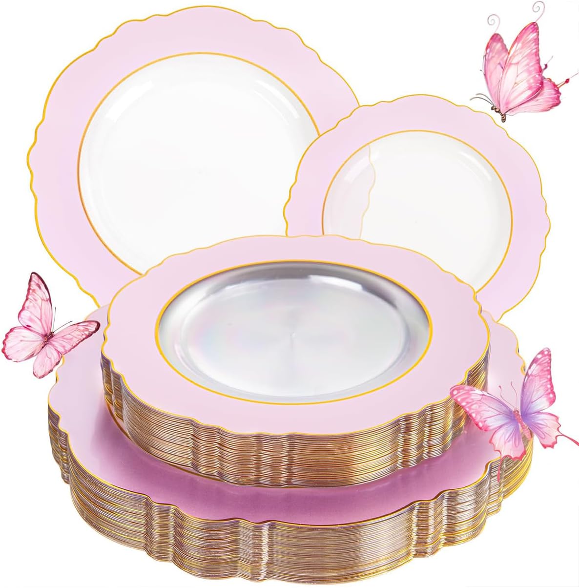 WDF 60Pcs Pink Plates Disposable with Gold Rim - Baroque Clear Pink and Gold Plastic Party Plates Ideal for Wedding/Baby Shower/Spring
