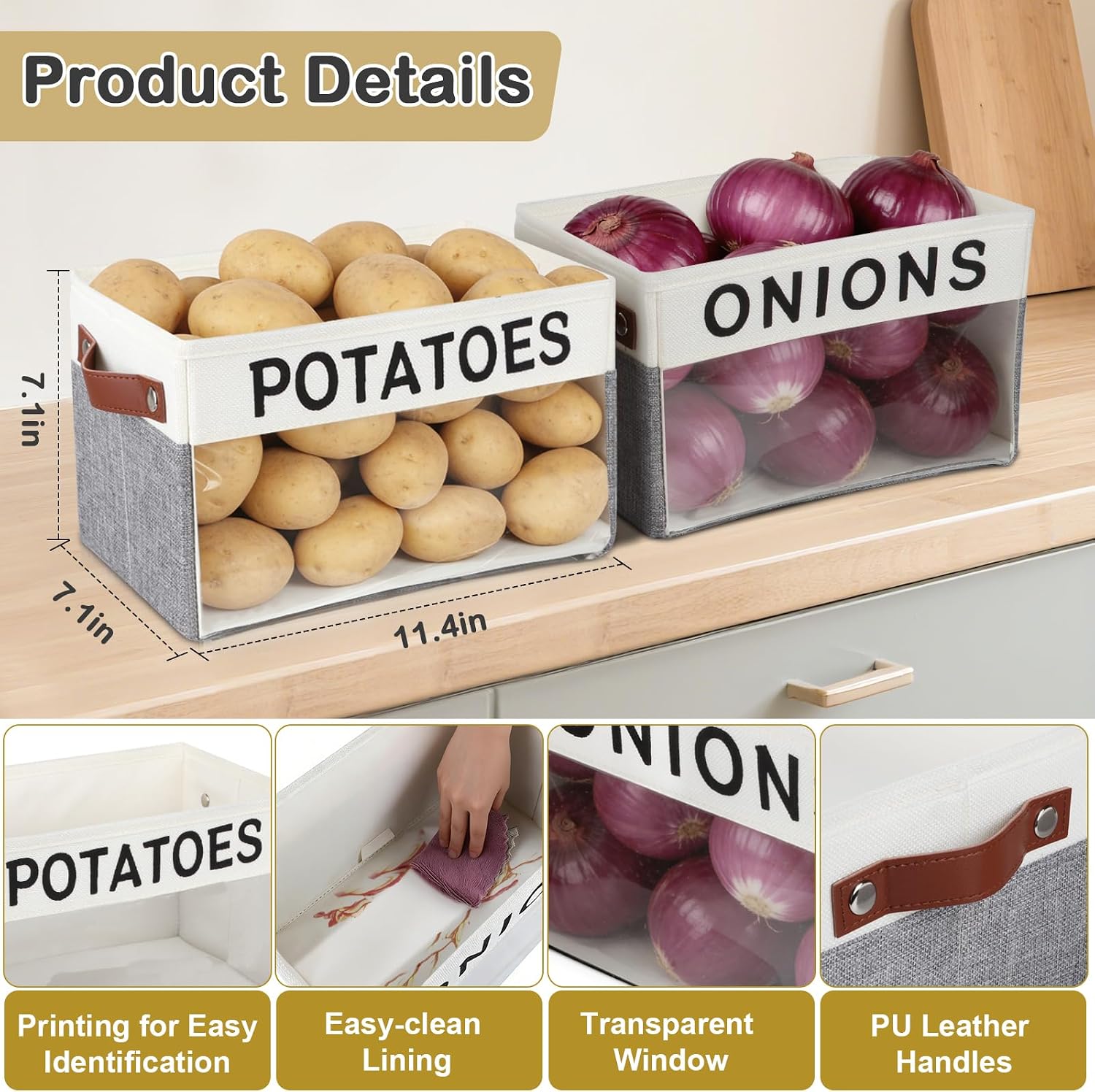 2 Pack Onion and Potato Storage Bins,Portable Vegetable Storage Basket with Handles,Large Kitchen Storage Container for Onion, Potato, Fruit, Vegetables,Countertop Kitchen Organization Container image 5
