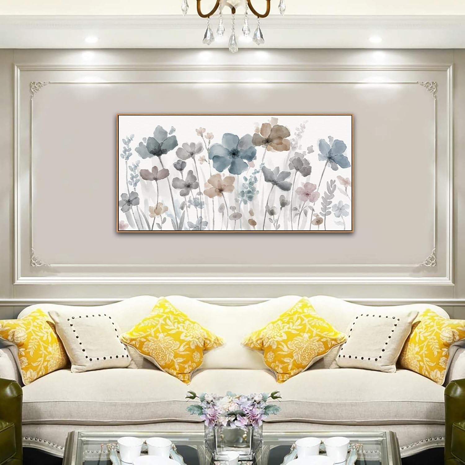 yearainn Framed Elegant Watercolor Floral Wall Art – Blue and Taupe Botanical Flowers Picture, Soft Abstract Floral Painting Artwork for Home Wall Decor, Ready to Hang, Natural Wood Frame, 20" x 40"