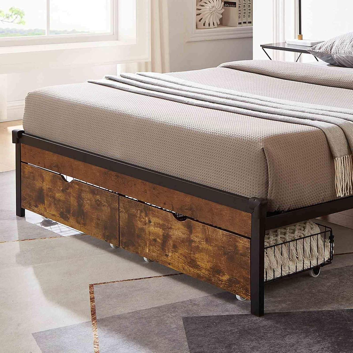 Under Bed Storage Drawer with Wheels, Metal & MDF - Brown & Black, Set of 2, Fits Full Bed - 25"x15.7"x7.7", Brown