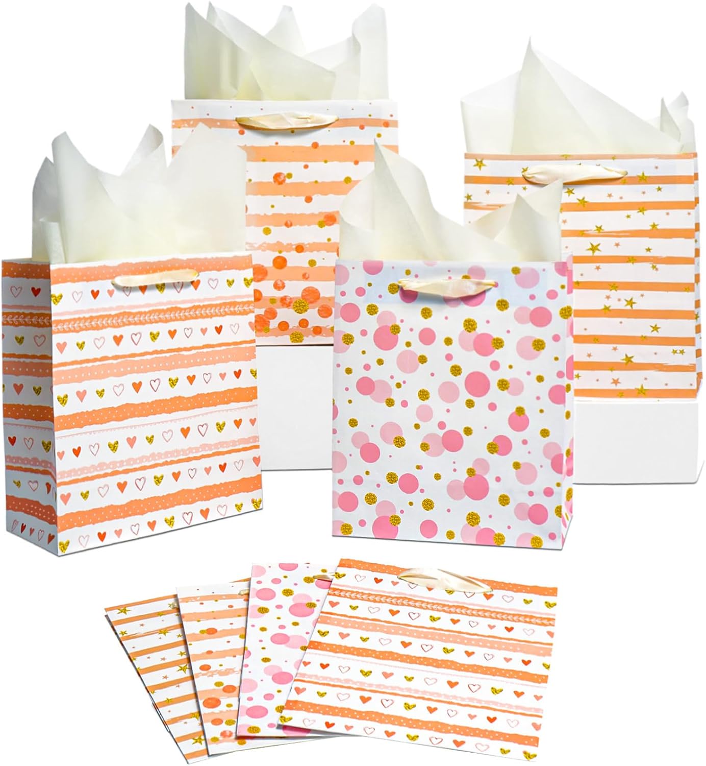 Ehpiern 8 Pcs Beautiful Gift Bags, 9" Paper Gift Bag with Tissue Paper, Reusable Gift Bags Suitable for Presents of Any Birthday, Baby Shower, Weddings, Christmas, Mothers Day & Other Occasion (8PCS Pink)