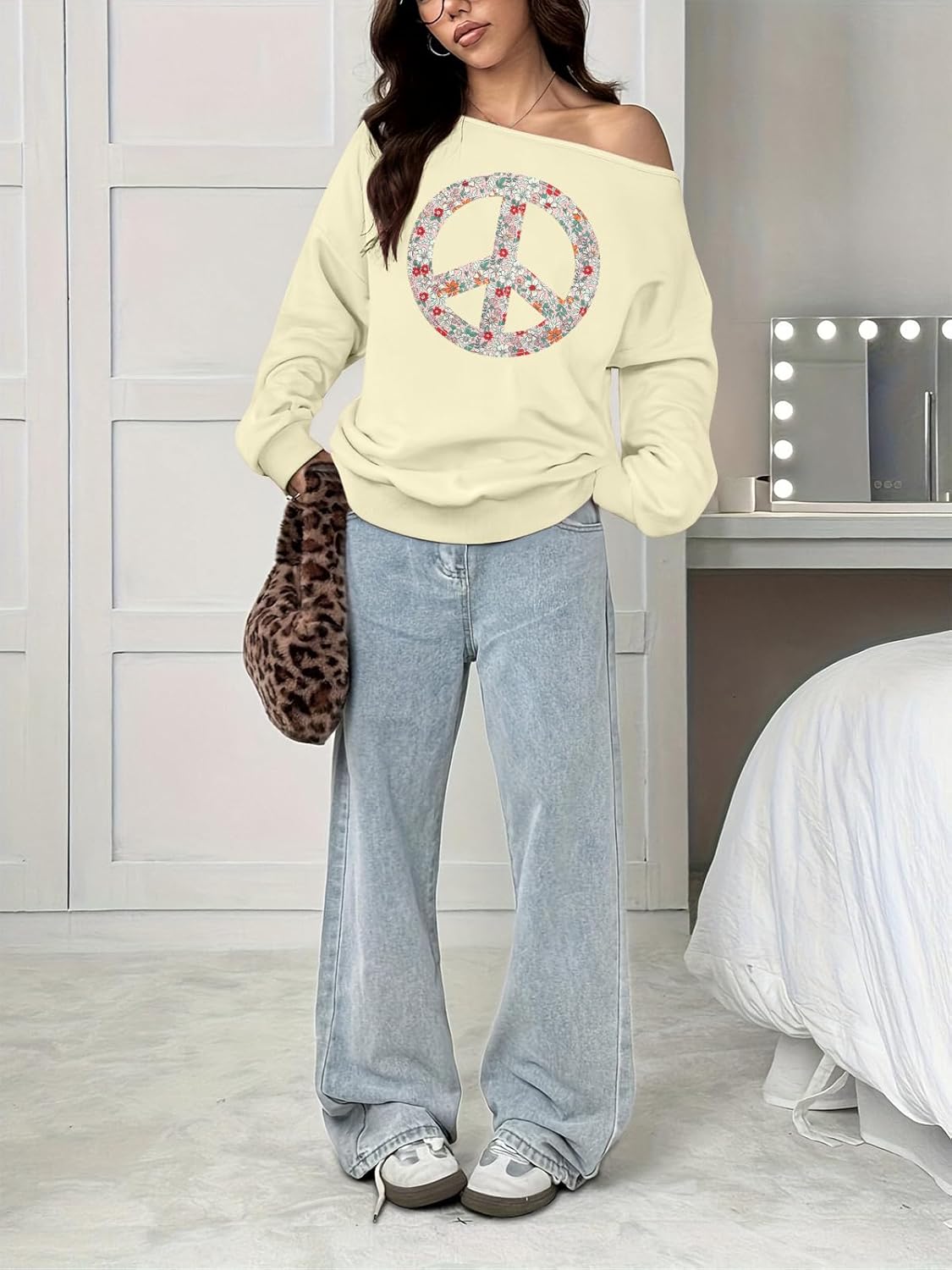 MYHALF Off the Shoulder Sweatshirt for Women Y2K Bow Graphic Pullover Tops Drop Shoulder Long Sleeve Cute Sweaters - Image 4