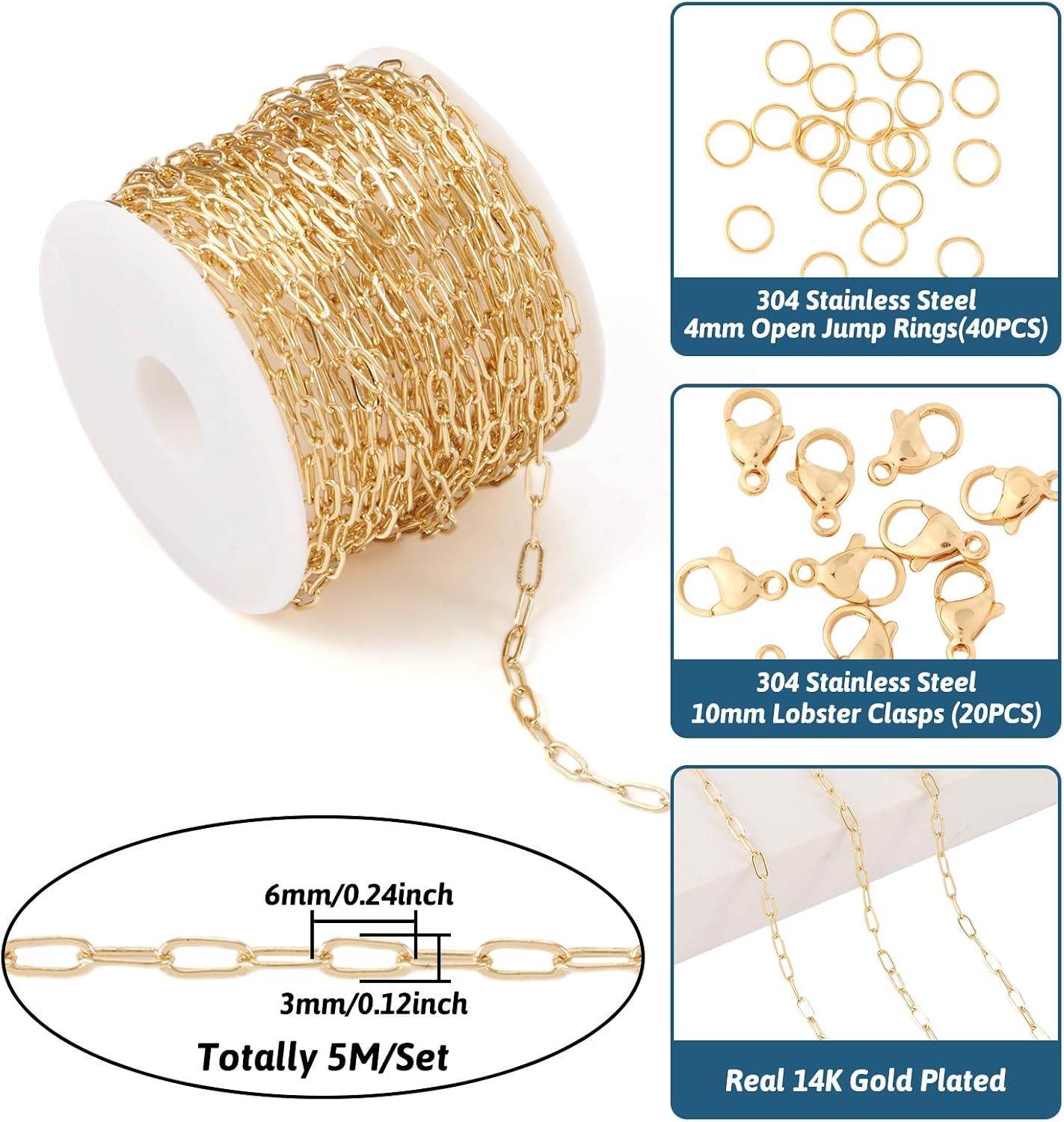 Pandahall 16.4 Feet 14K Gold Plated Paperclip Chains Brass Flat Oval Paperclip Necklace Chains Bulk with Lobster Clasps Jump Rings for DIY Jewelry Making