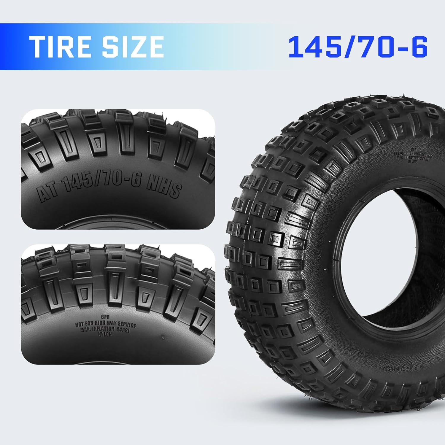 TRIBLE SIX 145/70-6 ATV/UTV Tires Set of 2, 6PR 145/70x6 Heavy Duty All-Terrain Tires, Tubeless, Non-Directional Tread for Mud, Trail, Sand