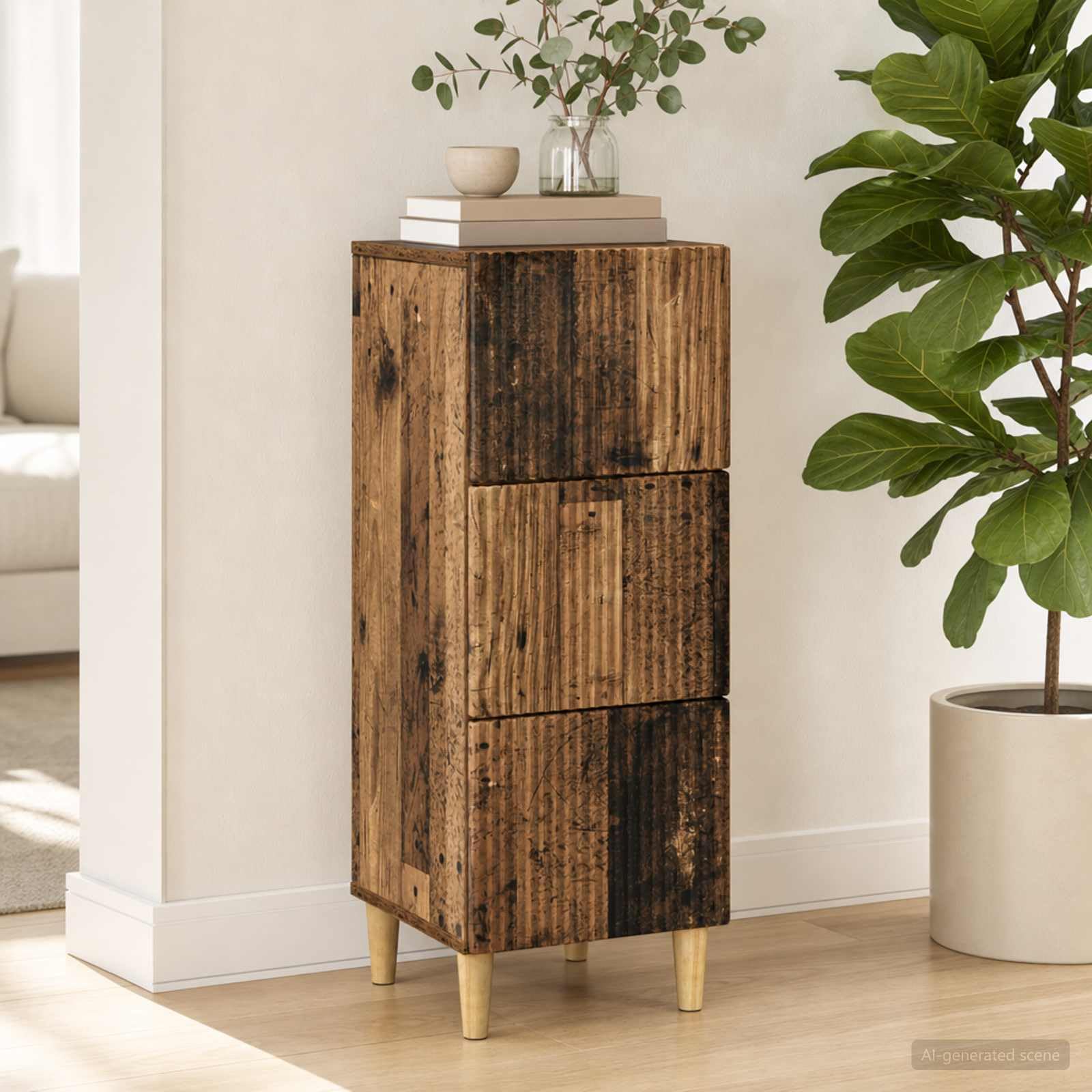 Cassettiera in legno anticato, 33 x 34,5 x 90 cm, con 3 cassetti, per casa, ufficio, garage, armadio multiuso con spazio e design robusto