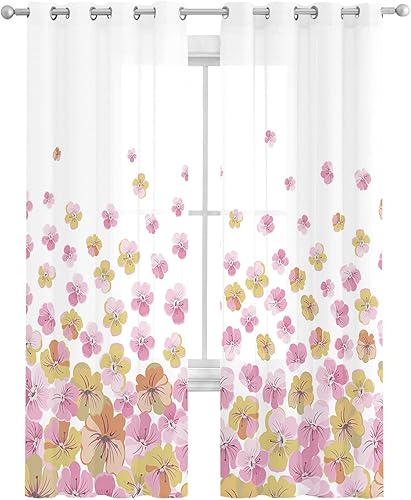 Pink Yellow Flowers Sheer Curtains 72 Inch Length 2 Panels Set Curtain Drapes for Kitchen,Bedroom,Living Room,Sliding Door,Bathroom Window