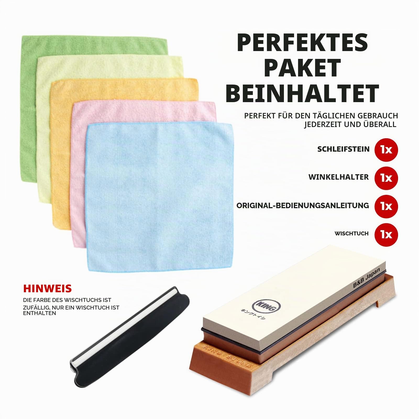 KING Schleifstein-Starter-Set enthält 1000/6000er Körnung, Kombinationsschleifstein, hergestellt in Japan, Messerwinkelhalter, B&B Japan Original Wischtuch und stabile Kunststoffbasis