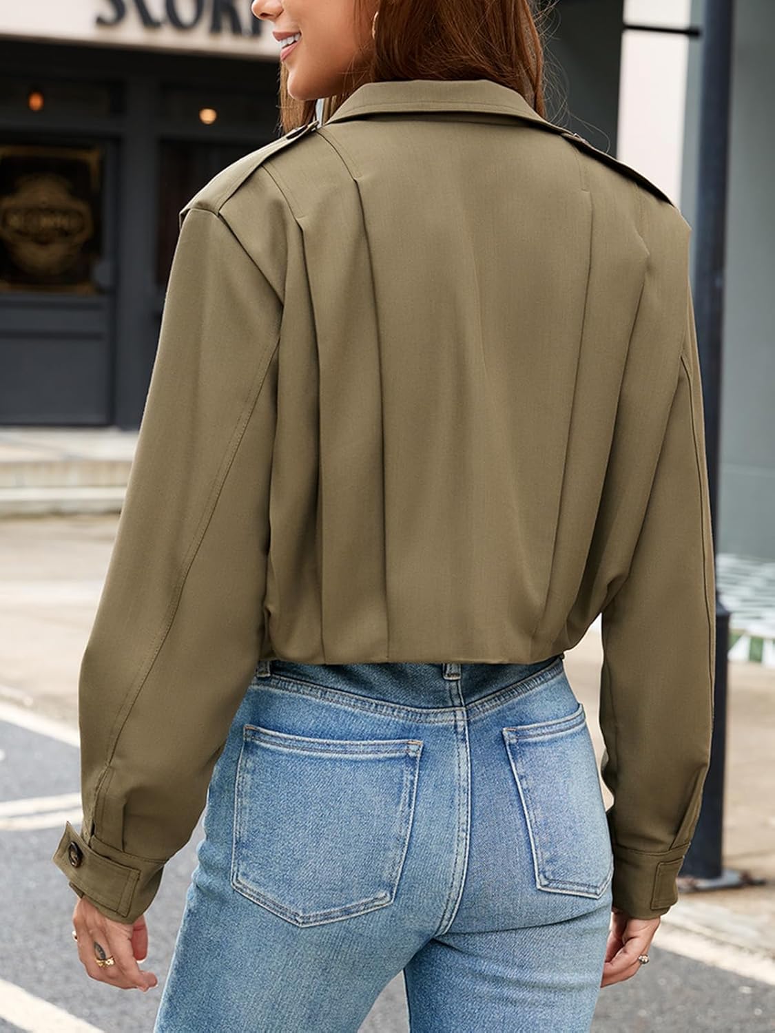 HOULENGS Women's Cropped Trench Coat Casual Long Sleeve Button Down Lapel Short Pleated Jacket Fall Fashion Outerwear - Image 2