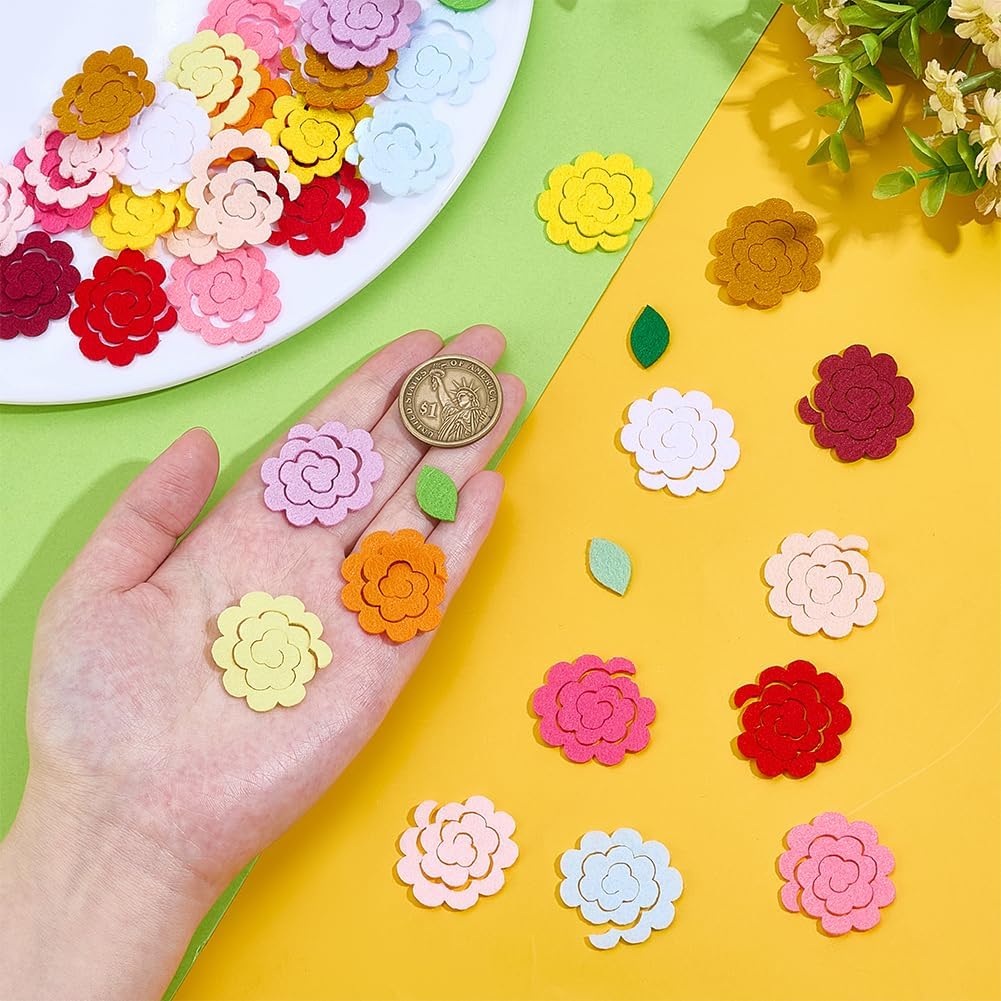 PH PandaHall 57PCS Felt Flowers Fabric, 16 Style 3D Roses Die Cut Applique Flowers Felt Leaf Patch Applique Flower Embellishments for Sewing Project Clothing Party Decoration Card Crafts