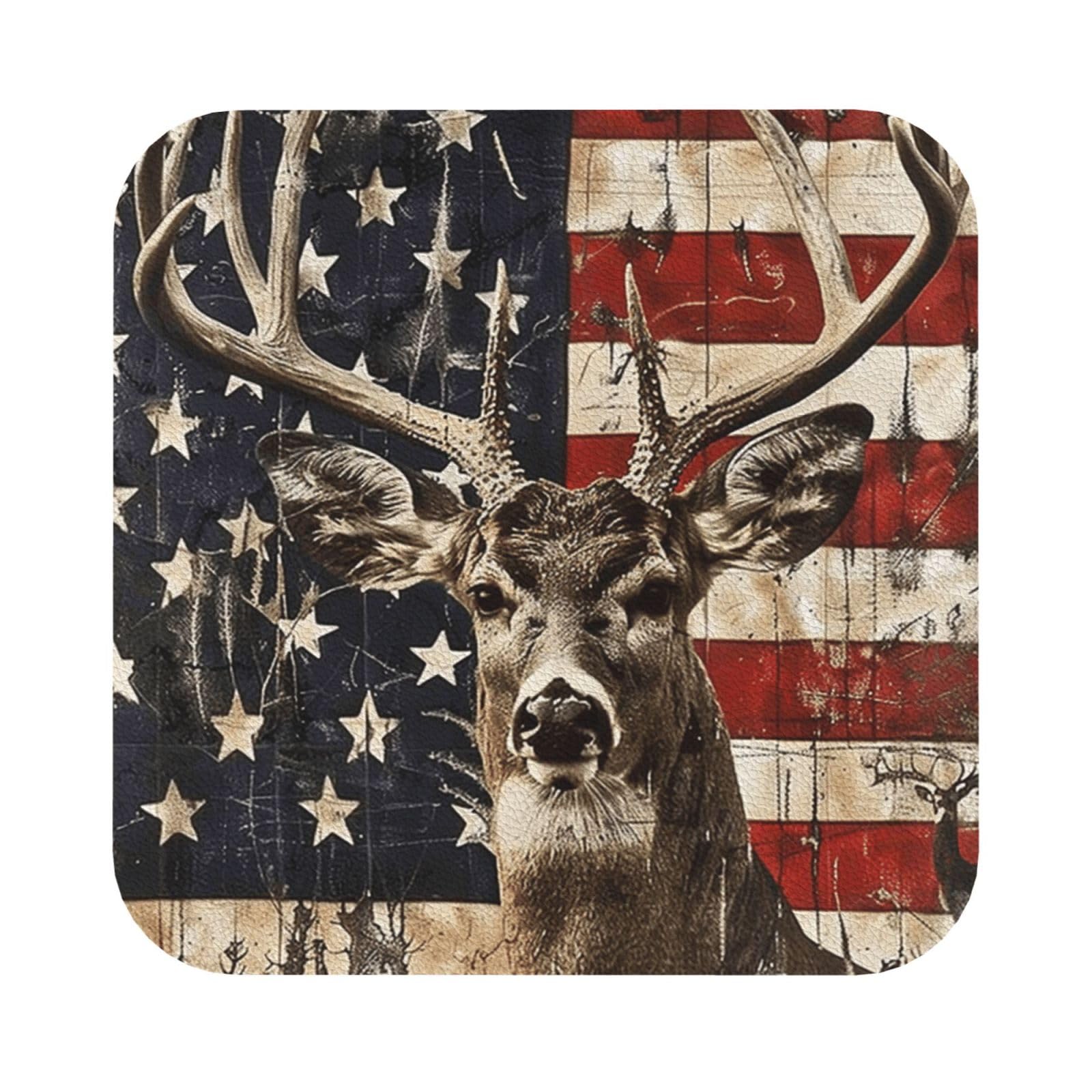 Americana Flag Deer Print Leather Coaster Set of 6, Square Coasters Table Decorative Coffee Cup Beverage Coasters Wine Beer Bar Coasters for Hot Drinks Table Protection