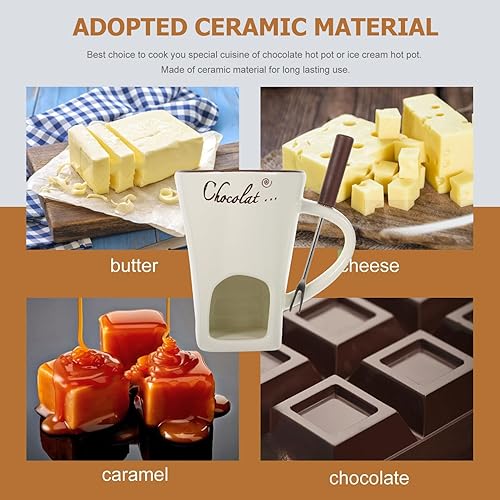 Miniatura 8 de HEMOTON Tazas de fondue con tenedores Taza de fusión de chocolate personal de cerámica de cerámica de queso individual Calentadores de mantequilla