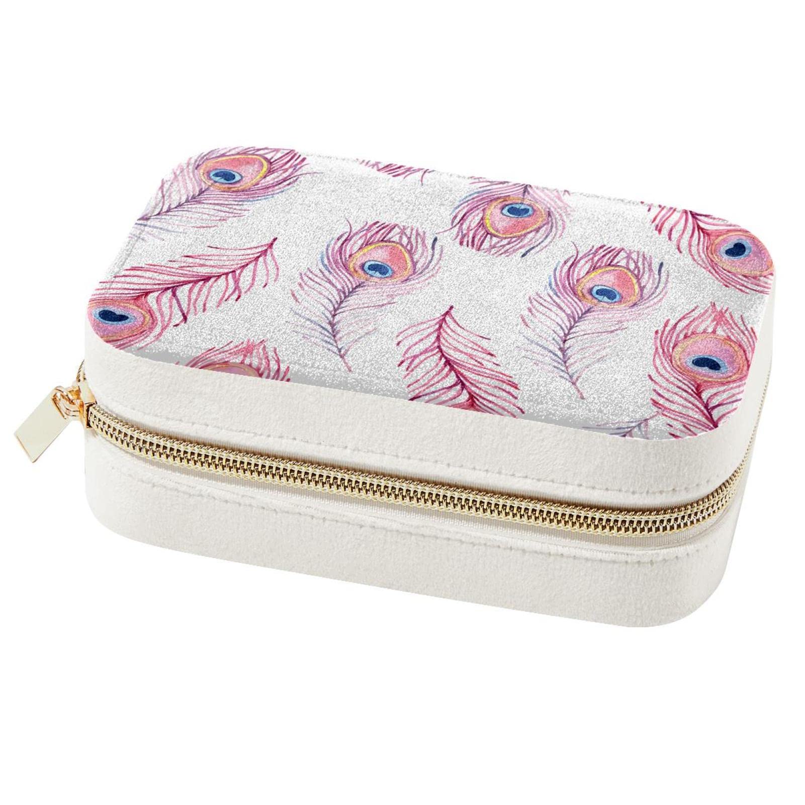 Boîte à bijoux portable rose en plumes de paon pour voyage et rangement bagues