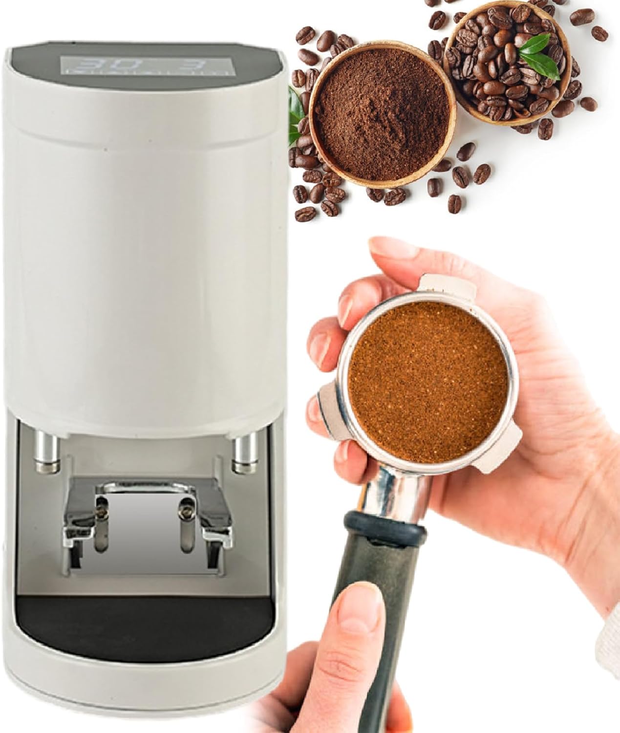 58mm Coffee Tamper, Automatic Electric Bean Powder Press Machine for Expresso, 5-30KG Pressure, 1 to 3 Adjustable Tamp Times White