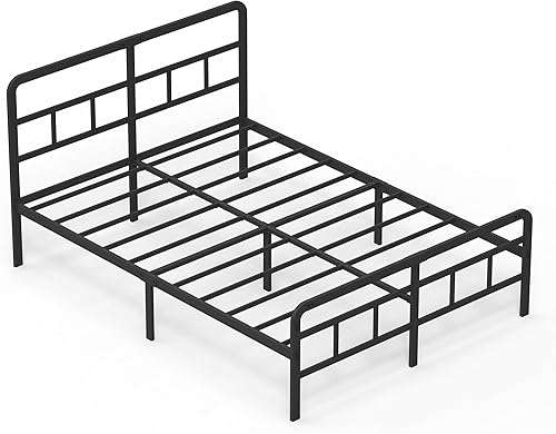 Miniatura 9 de Base de cama Queen de 14 pulgadas con cabecero y estribo, plataforma de metal con soporte de listones de acero, no necesita somier, fácil montaje,