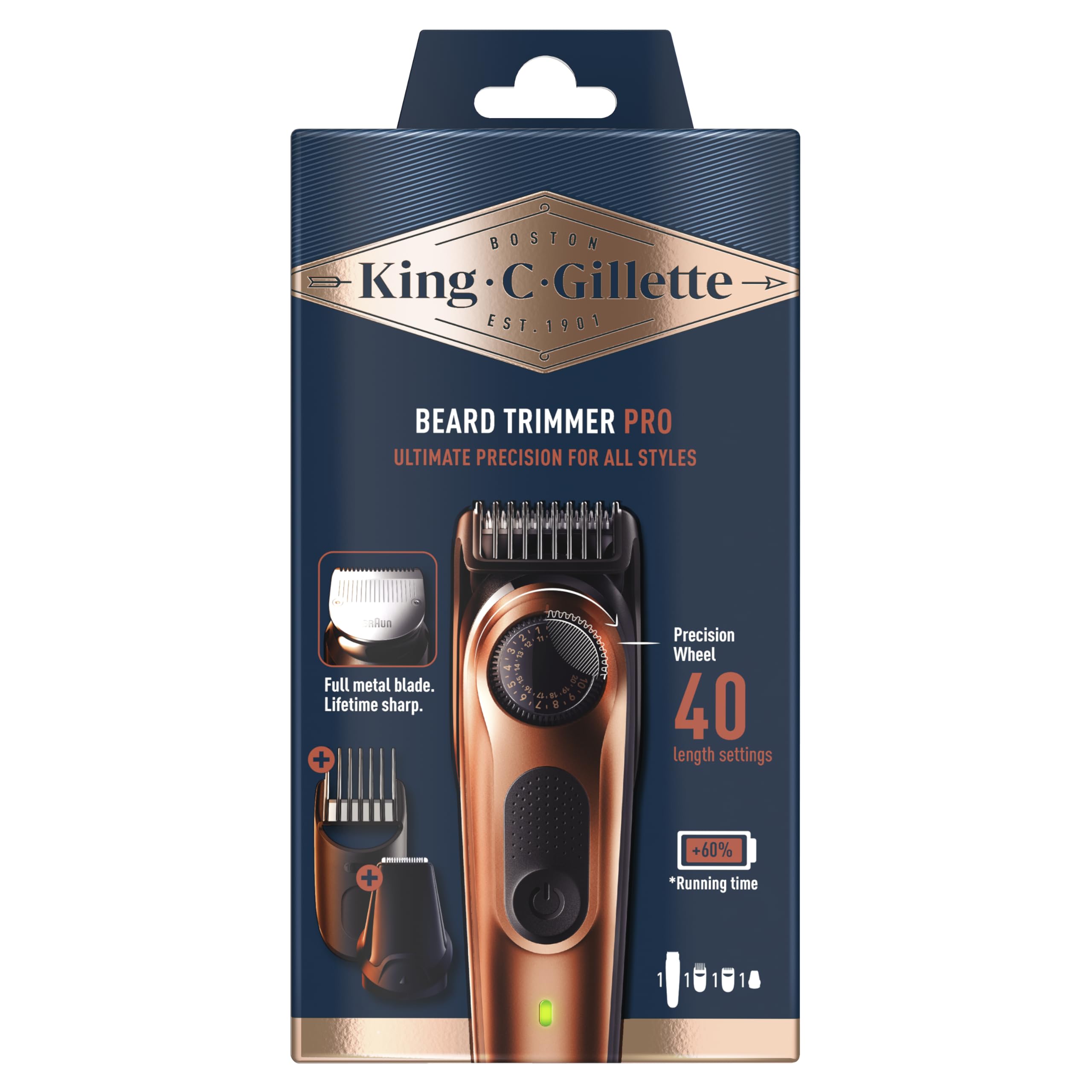 King C. Gillette Męski elektryczny trymer do brody PRO, elektryczna maszynka do golenia dla mężczyzn z precyzyjnym kołem do 40 długości brody, dożywotnie ostre ostrza, nadająca się do prania głowa i