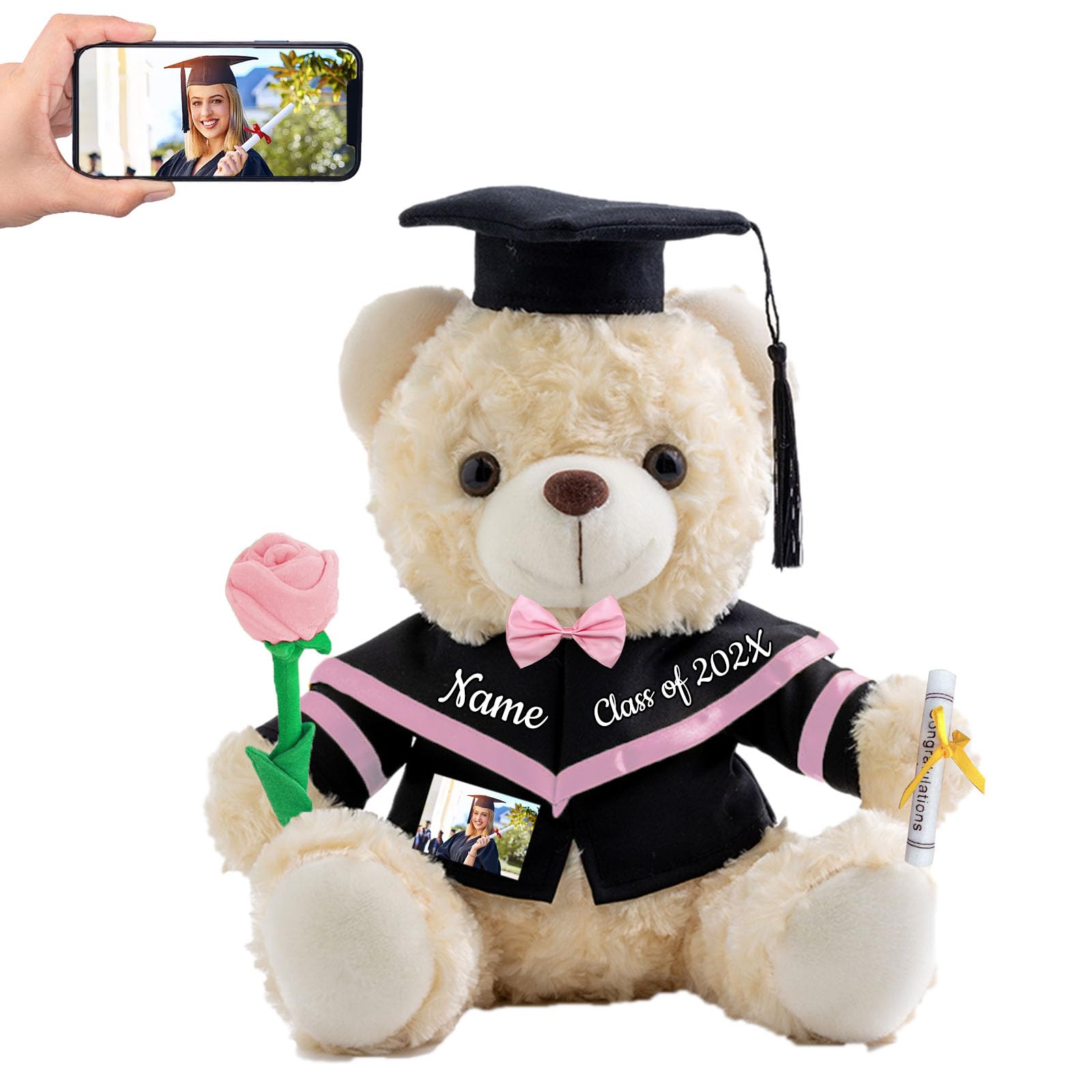 Graduation Bear Class of 2026 Personalized Graduation Gifts with Custom Text+Photo, Teddy Bear with Rose & Bow as Grad Gift for Her 2026 High School