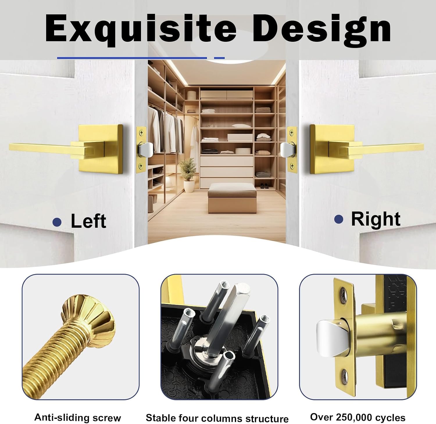 Orger 1 Pack Gold Square Passage Door Handle, Non-Locking Door Lock, Door Lever for Closet and Hallway image 4