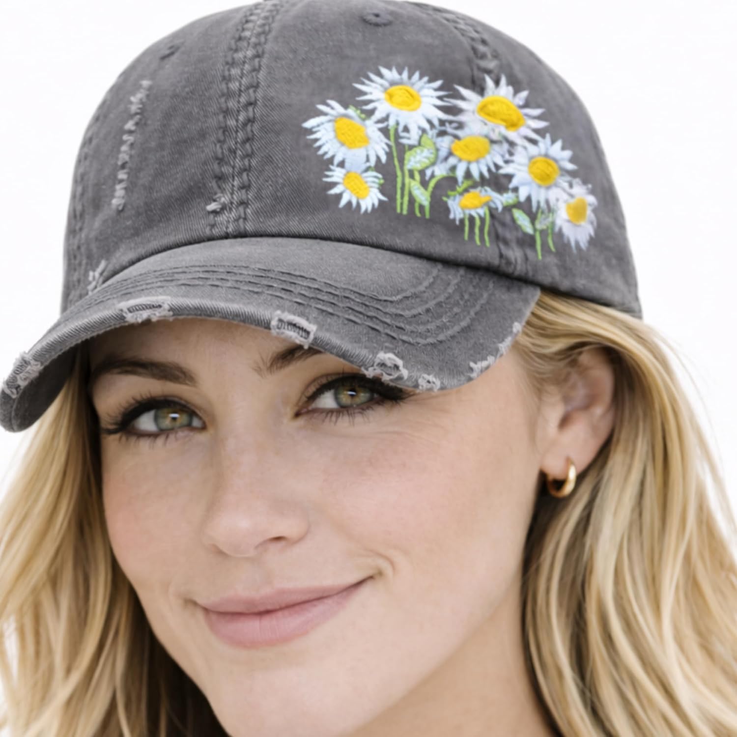 Women's Embroidered Daisy Field Floral Flower Hat, Baseball or High Ponytail Cap, Lots of Many Daisies Flowers, Handmade Cute Embroidered Gardening Gift for Her Wife Mom Friend Sister