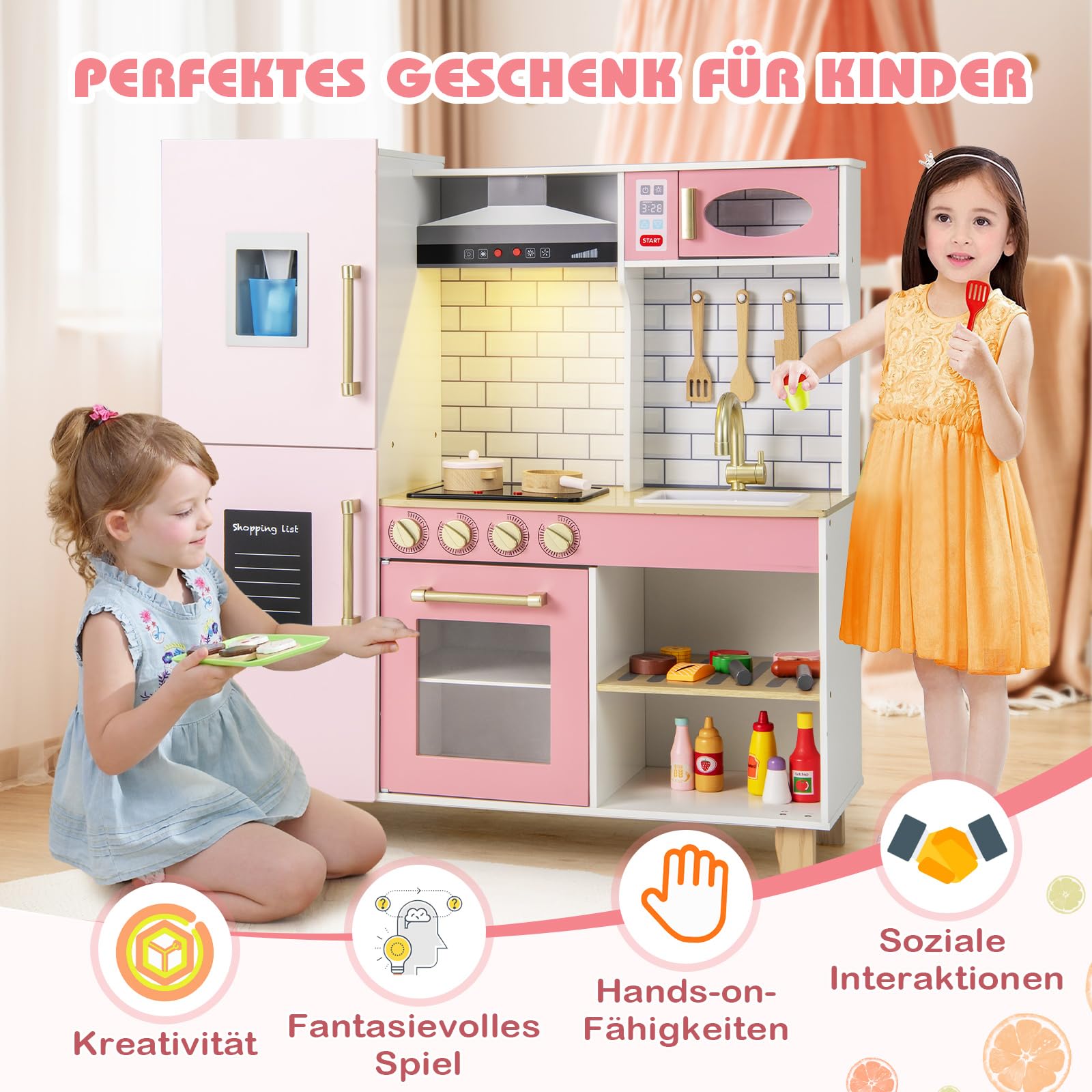 DREAMADE Kinderküche Holz mit 10 TLG. Zubehör, Holzküche Kinder Küche mit Herd Dunstabzugshaube Eismaschine Ofen, Spielküche mit Licht und Sound für Kinder ab 3 Jahren (Rosa)