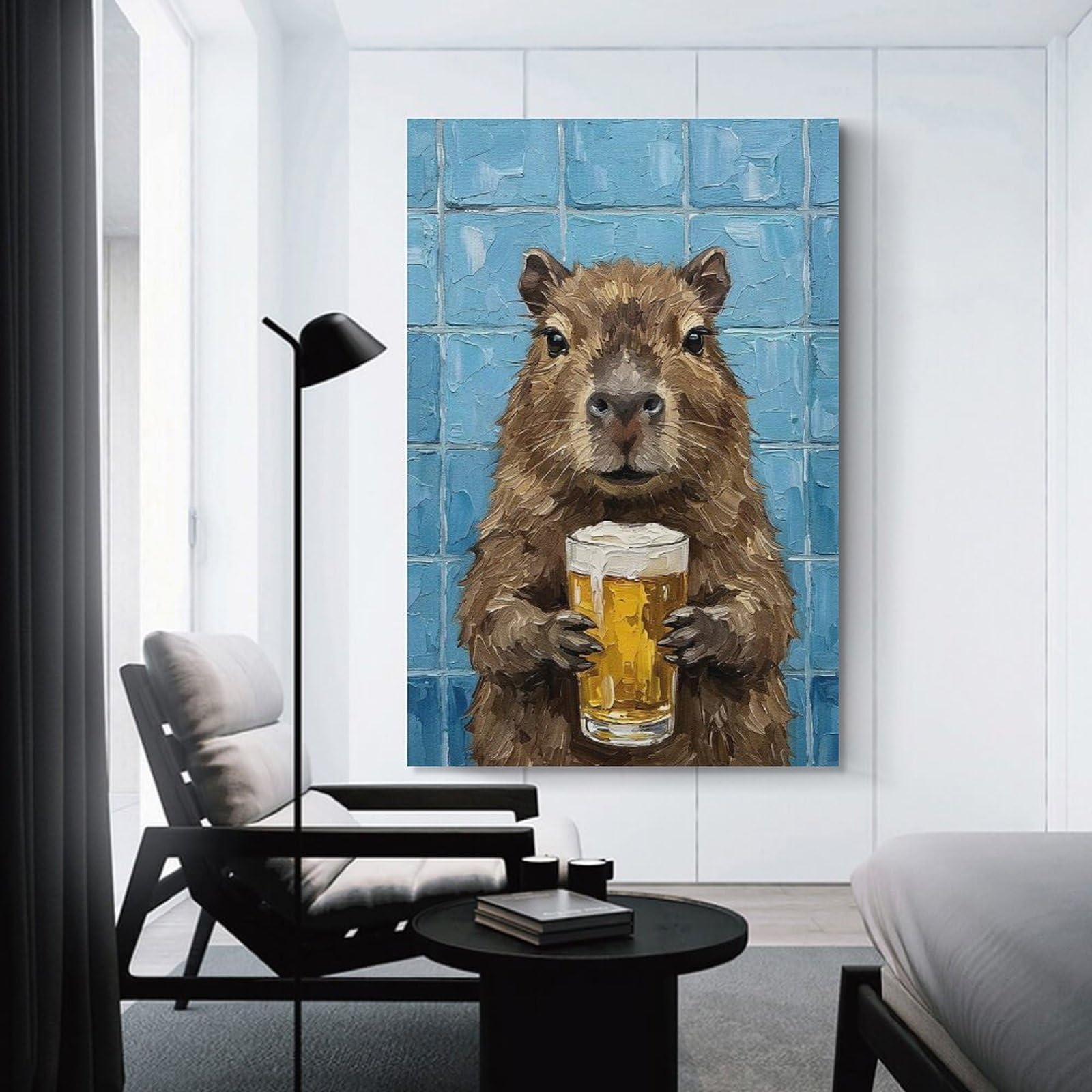 Junmoney Unframe-Style-22-1 Capybara With Beer Painting Canvas Art Print 20X30inch(50X75cm), For Gallery Wall Layouts In Home Or Office, Decorative Artwork With Flexible Styling