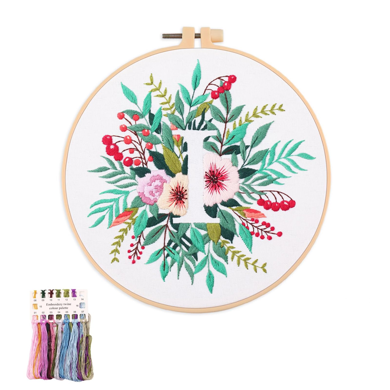 artcici Embroidery Kits Plant Flower Leaf English Letter Patterns for Beginners Adults, Full Range Embroidery Starter Kits Cross Stitch Needlework Supplies (Letter I)