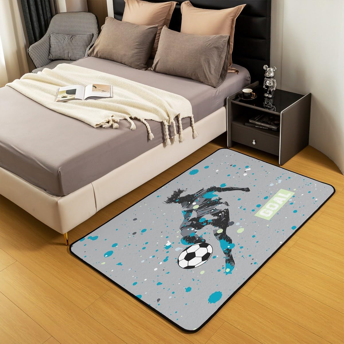 Homewish Dywaniki do piłki nożnej, 100 x 150 cm, do sypialni chłopców, z piłką, do salonu, szary, motyw piłki nożnej, sporty tematyczne, abstrakcyjna farba w sprayu, teksturowana, duża mata podłogowa