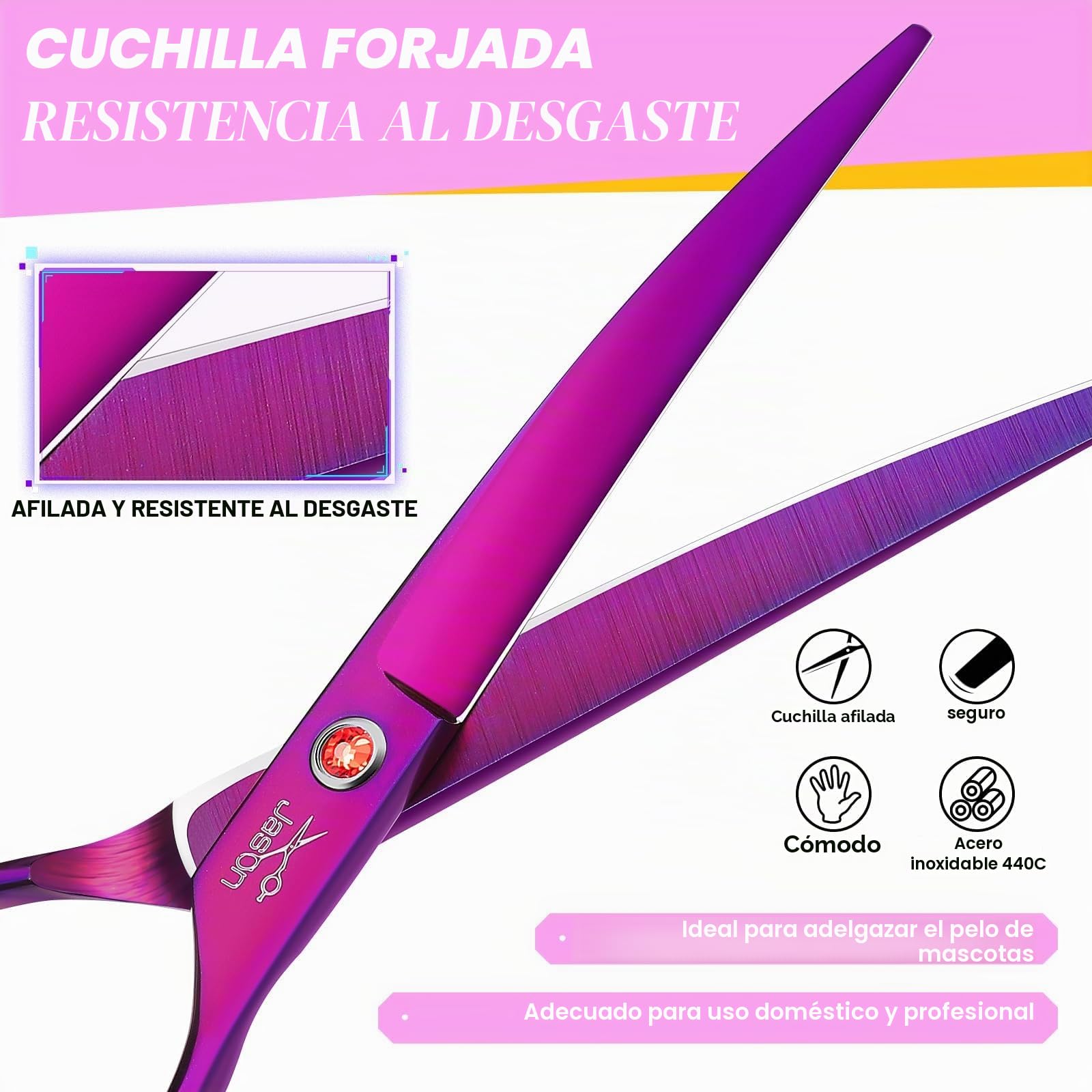 JASON Profesional curvada tijeras para perros - 7.5" tijeras de peluquería canina de acero inoxidable japonés tijeras de peluquería de mascotas tijeras para perros gatos (curvada hacia abajo, púrpura)