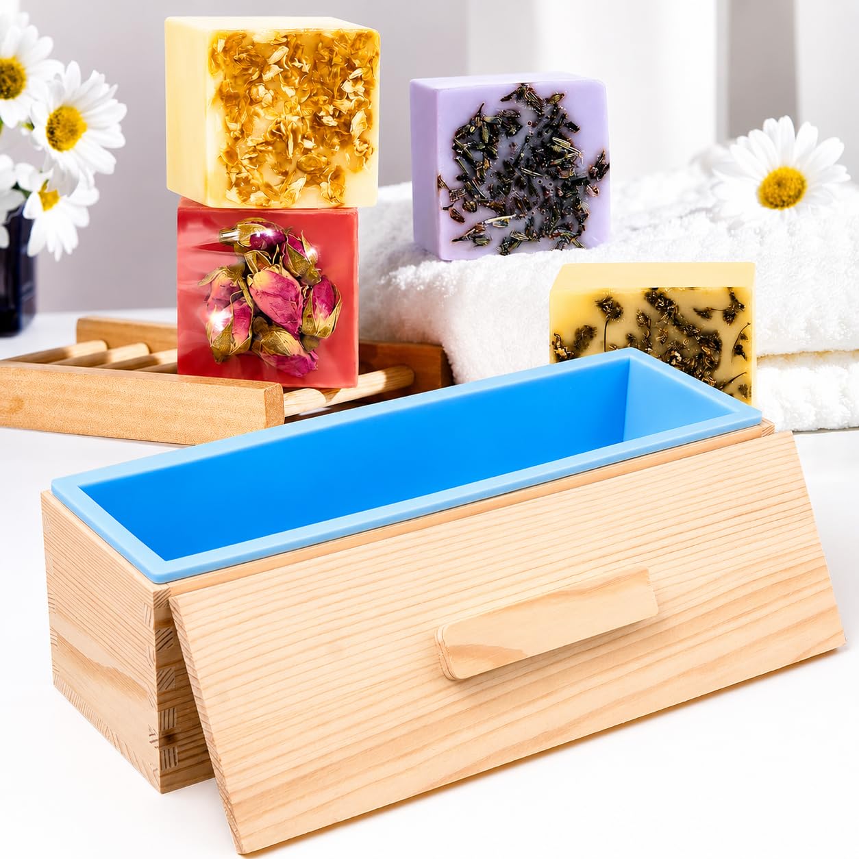 4er Seifen Silikonform, 1200ML DIY Rechteckiges Form Set aus Silikon-Seifenformen aus Holz, Handgemachte Seifenlaibform mit Holzkisten und Deckeln für Seifenherstellungszubehör Cakes (Blau)