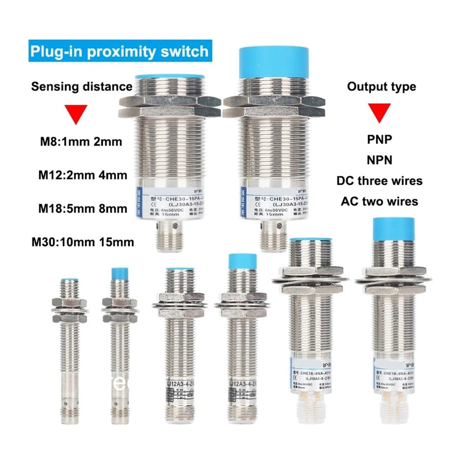 1 Unidad de Sensor proximidad enchufable M8 M12 M18 M30, Distancia detección mm a 15, CC Tres Hilos, CA Dos(DC Three Wire Npn No,M30 15MM Sensing-Elbow Head Wire)