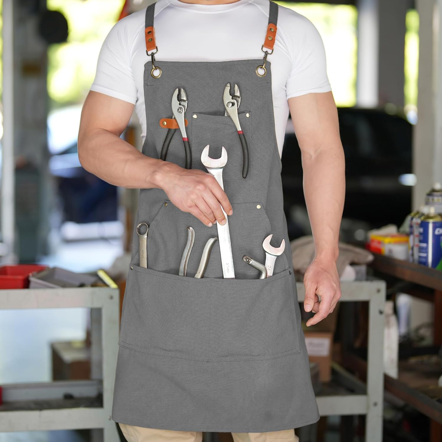 Canvas Aprons for Men Chef Apron, Work Apron with Large Pockets - 16oz Heavy Duty Cross Back, BBQ, Cooking - Image 6