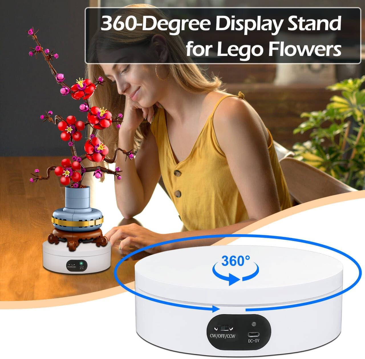Exhibition Stand for Lego Flowers for Adults- 360°Rotating Stand for Lego Botanical Collection, Display Turntable for Lego Icons Plum Blossom Orchid Artificial Chrysanthemum Poinsettia Tiny Plants