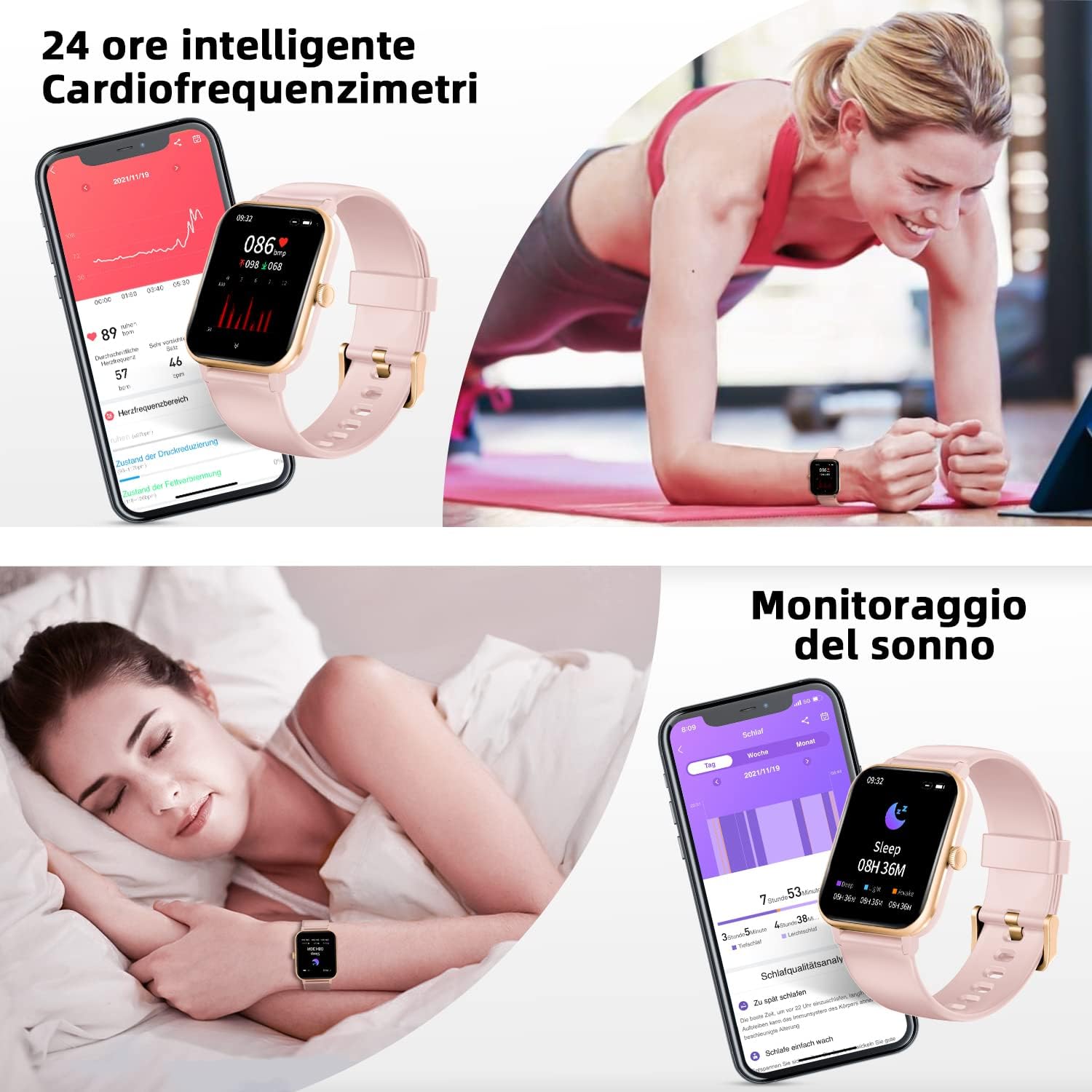 Blackview Smartwatch,Orologio Fitness Tracker Donna,1,69 Full Touch Smart Watch con Termometro/Saturimetro (SpO2)/Contapassi/Cardiofrequenzimetro/Notifiche Messaggi,Monitor del Sonno per Sport