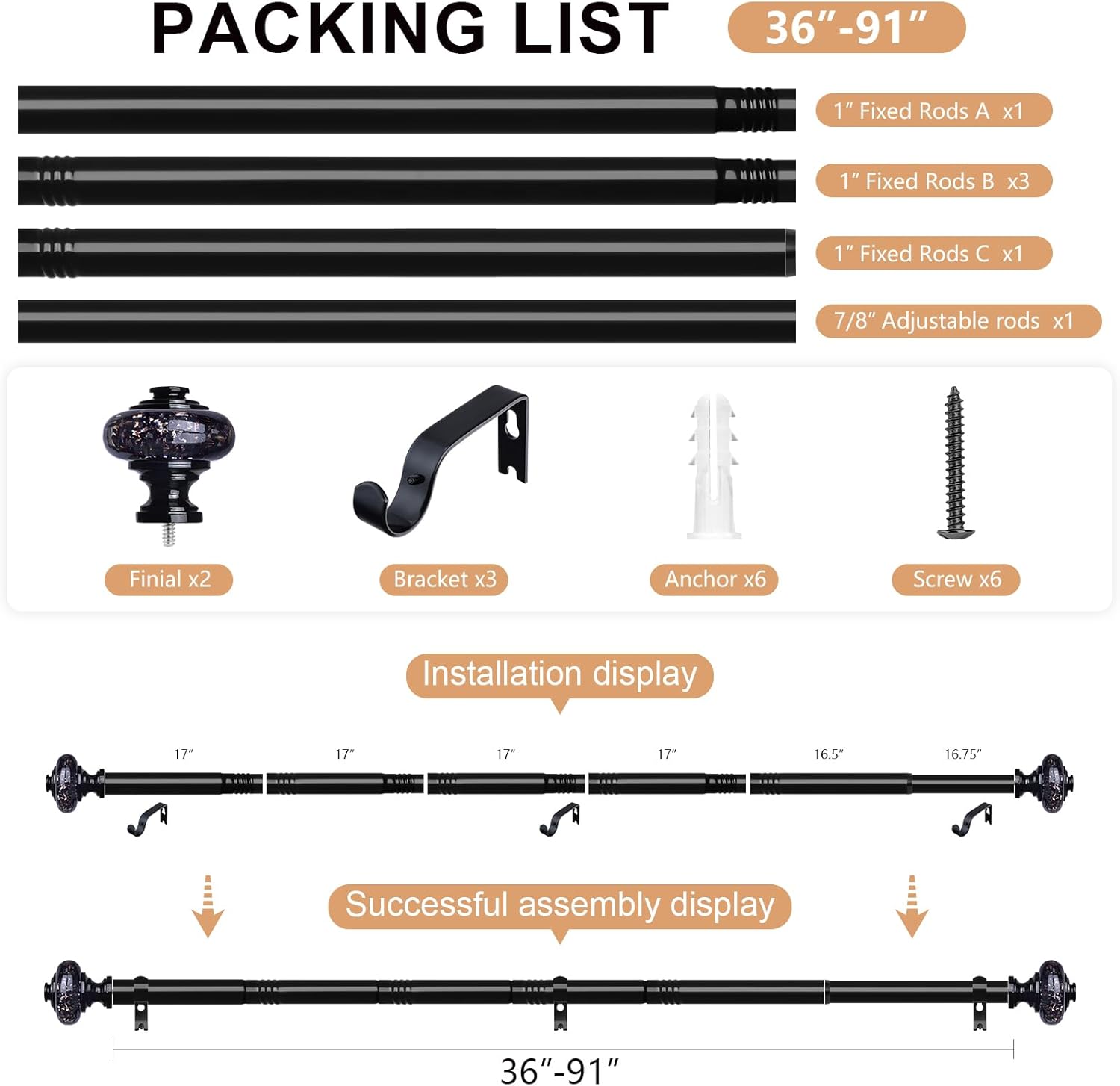 Black Crystal Curtain Rods for Windows 48 to 84 Inch, Decorative Vintage 1'' Diameter Curtain Rod with Black Foil Finial, Adjustable Heavy Duty Easy Install Drapery Pole Set for Farmhouse, Bedroom
