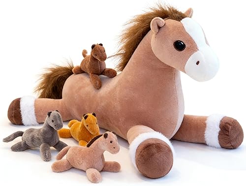 5 piezas de animales de peluche de caballo, gran animal de peluche de mamá de caballo con bebés adentro, 3.3 lbs de peso animal de peluche de poni,