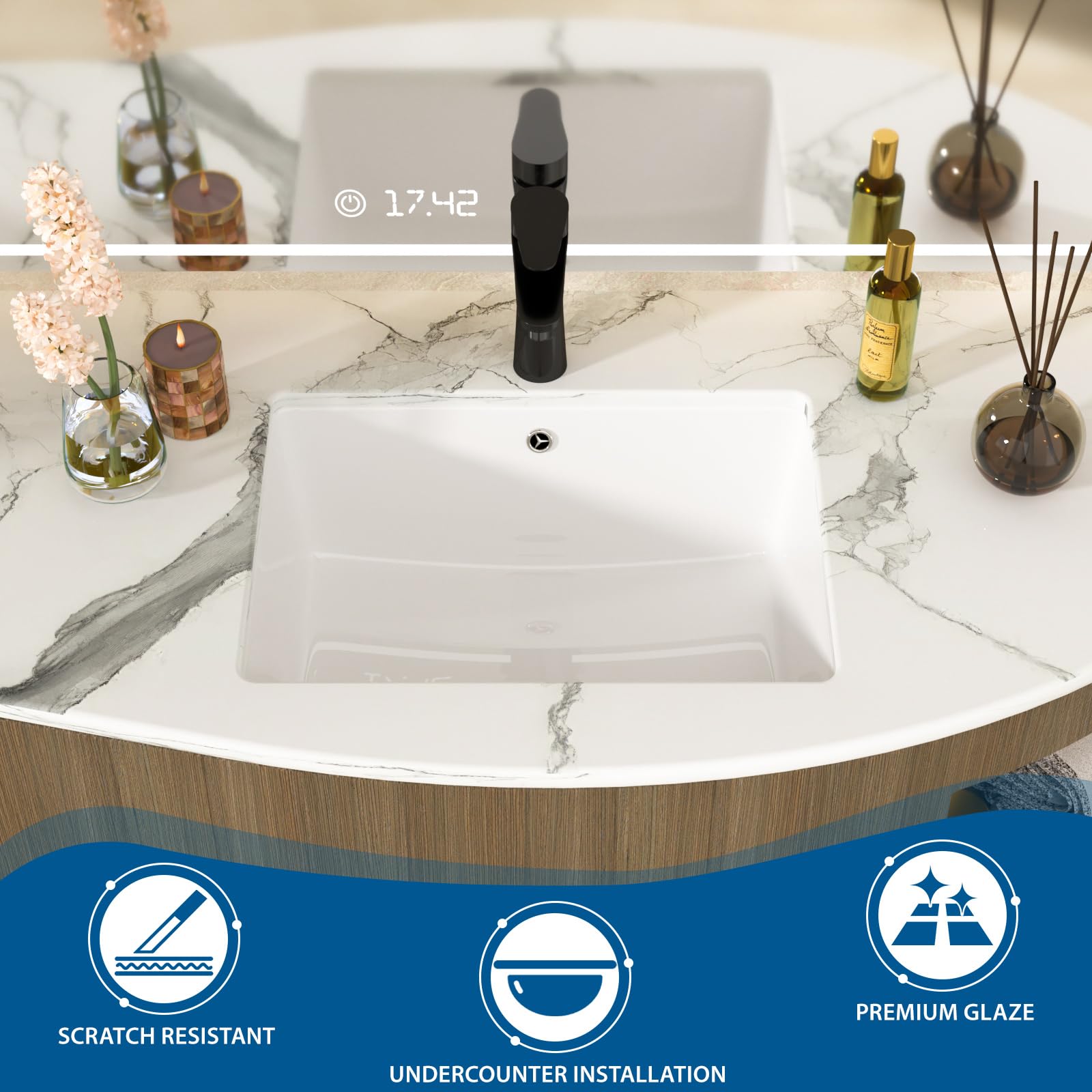 Fregadero de baño de cerámica de 51 x 37 cm, color blanco | Cuenco interior de 45,5 x 31,5 cm, lavabo rectangular de porcelana moderna para debajo del mostrador, fácil de limpiar