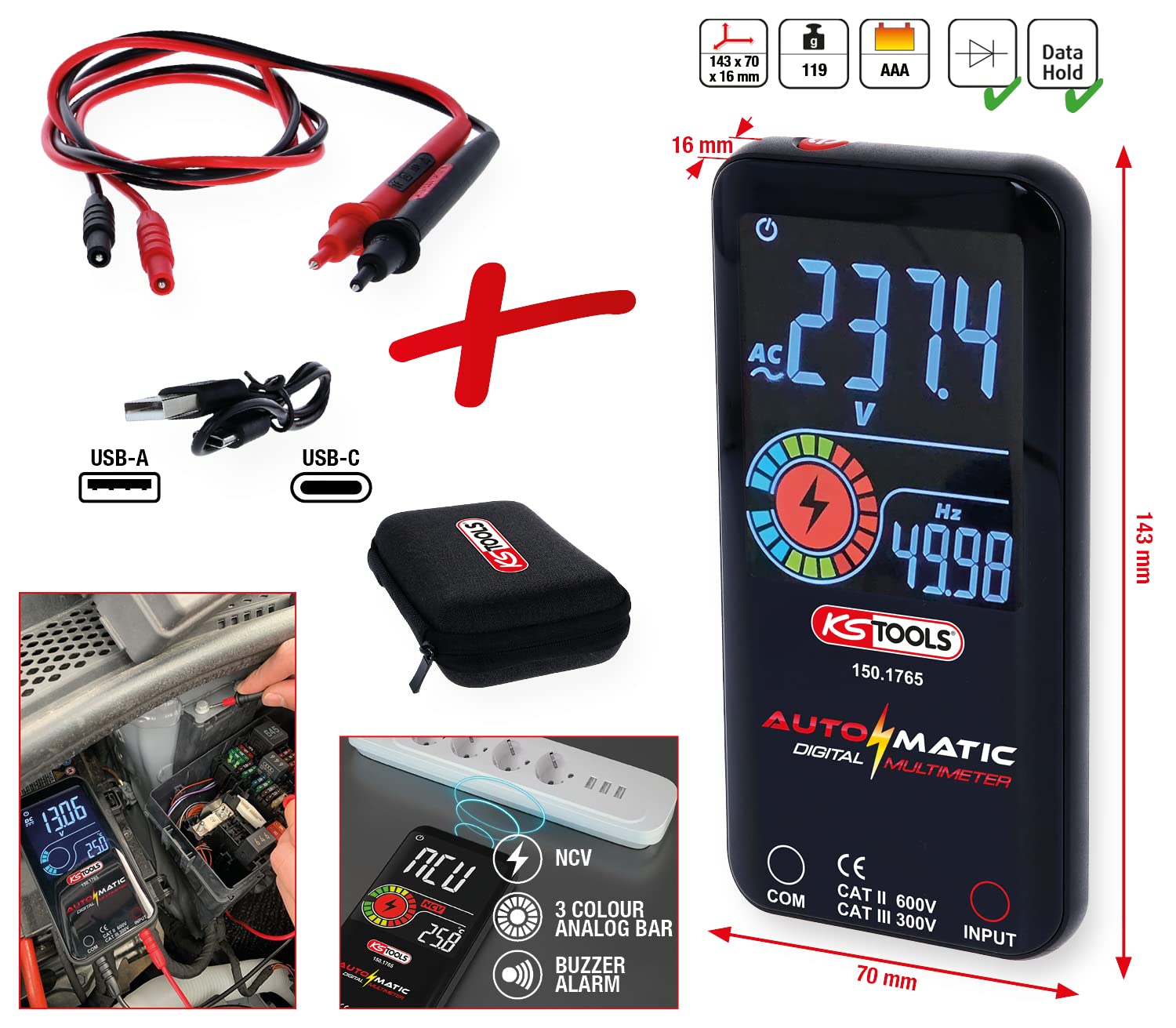 KS Tools 150.1765 Automatic Digital Multimeter with Test Probes Red/Black