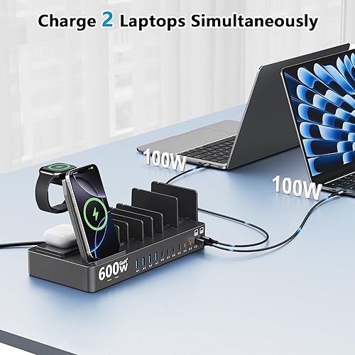 Miniatura 2 de Estación de carga de 600 W para múltiples dispositivos, estación de carga inalámbrica 15 en 1 para Apple, estación de carga dual USB C de 100 W para
