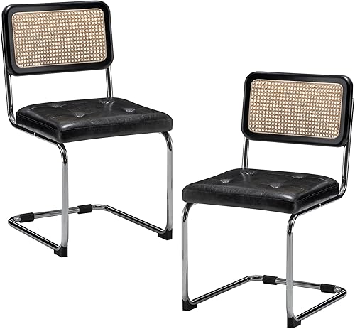 SHINEBOOM Juego de 2 sillas de comedor de ratán modernas de mediados de siglo con respaldo de ratán natural, marco de roble y sillas tapizadas de