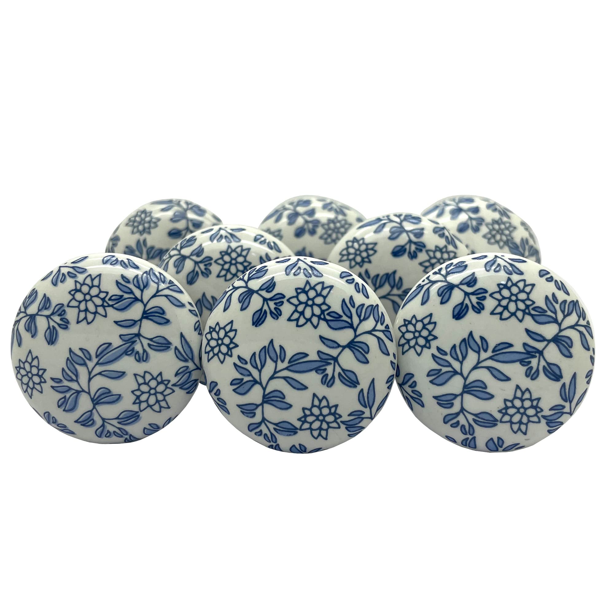 Ceramic Knobs Drawer Pulls for Cabinets and Cupboards (38mm, Gold Multicolour) - Pack of 8 (Blue Leaf)