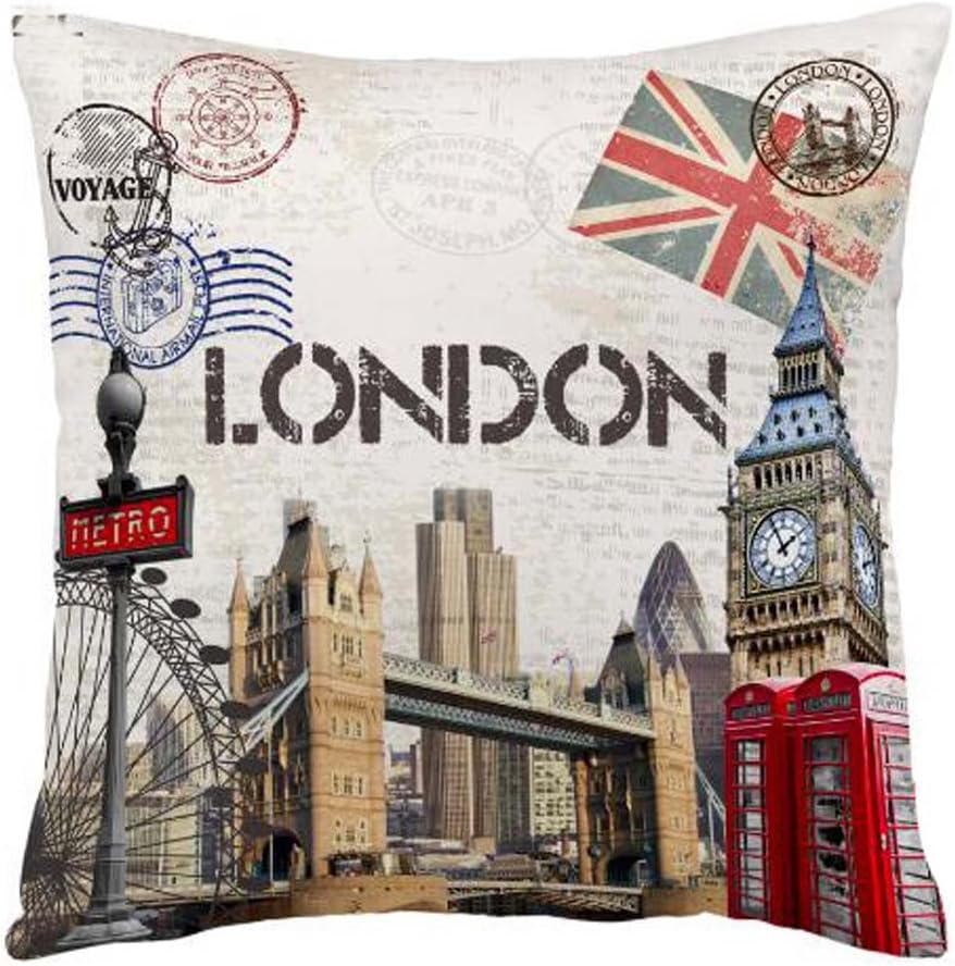 ITFRO Retro Vintage New York City London Skyscraper Cotton Linen Square Decorative Retro Throw Pillow Case Vintage Cushion Cover 18x18 Inches (London)