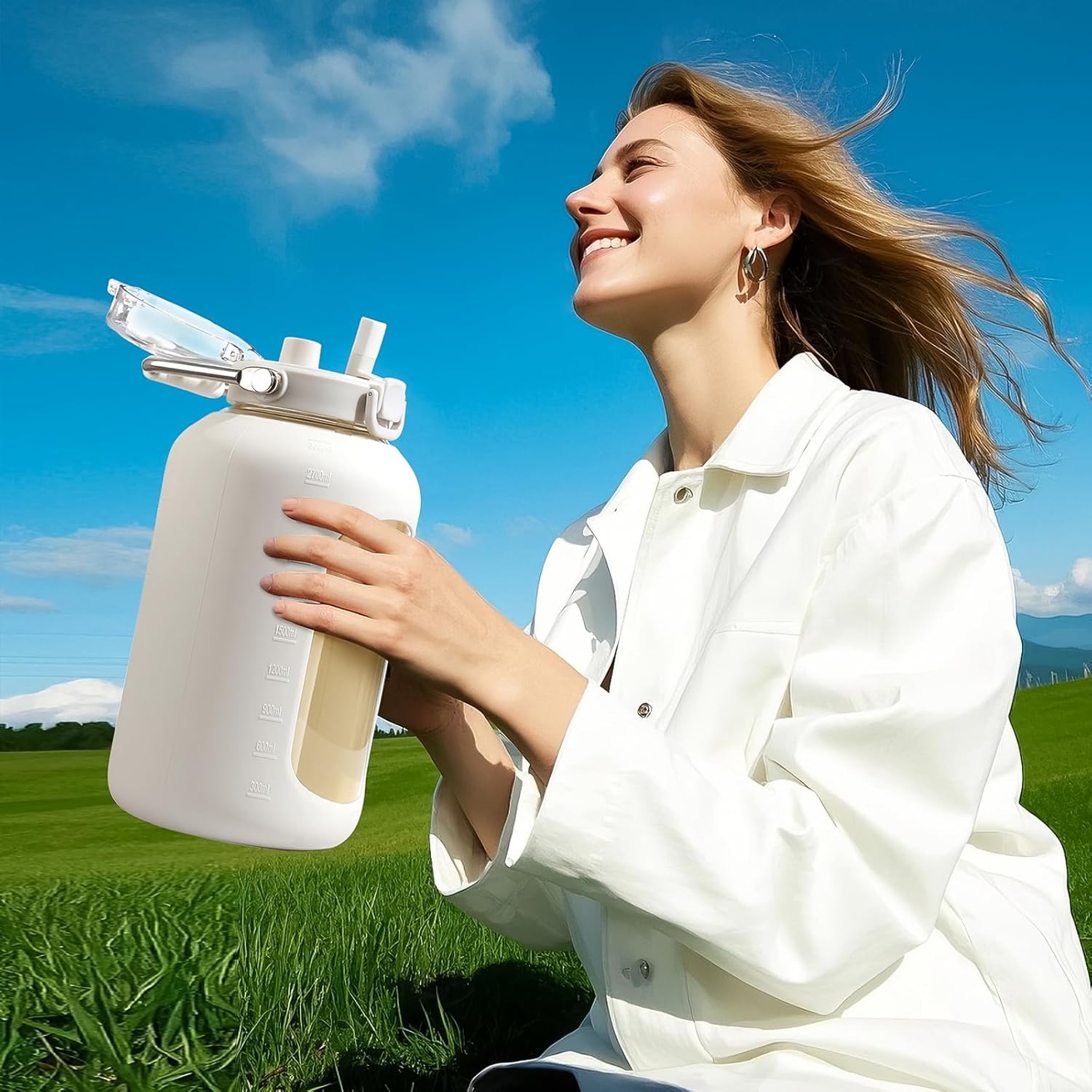 Large Glass Water Bottles with Stainless Steel Handle,100 oz Gallon Drinking Bottle with 2-in-1 Straw Lid,3 Liter Glass Water Jug with Silicone Sleeve,Wide Mouth,White - Image 6