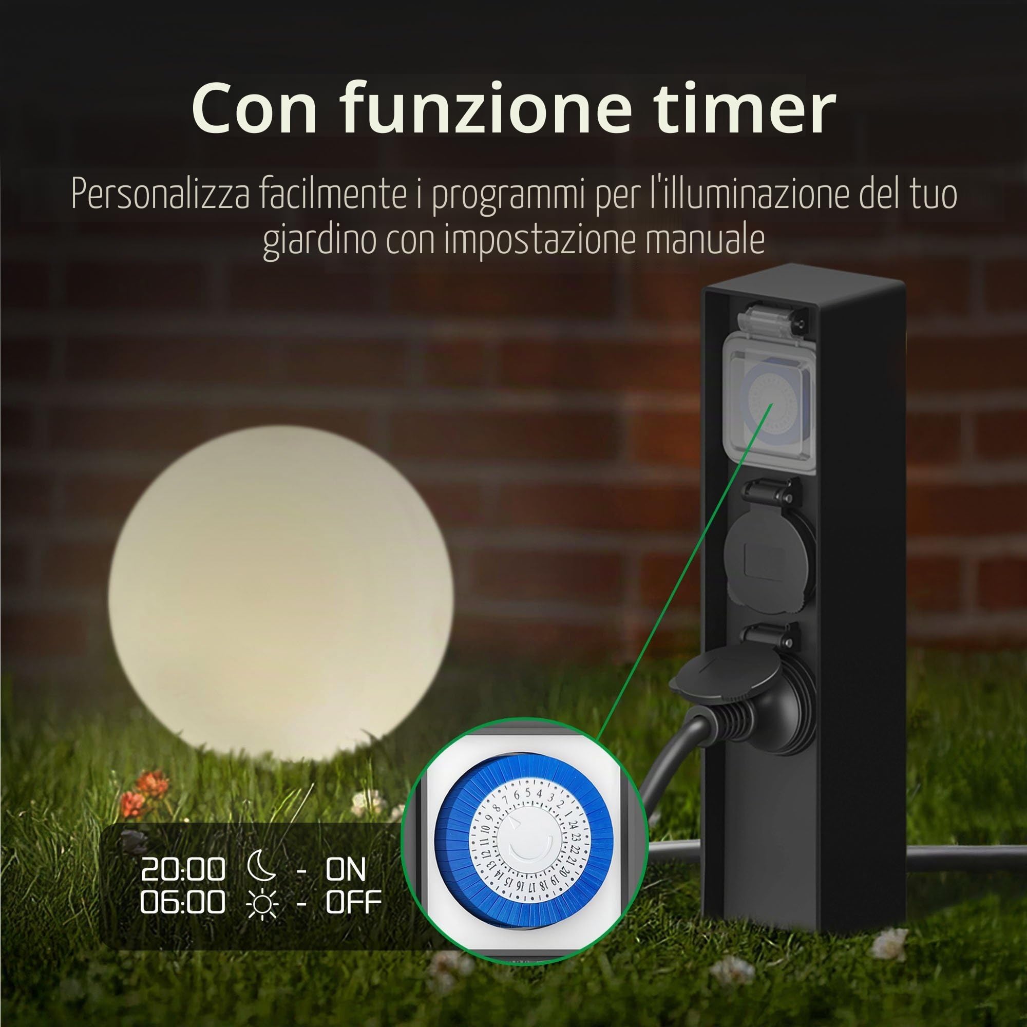 Ledvion - Presa esterna con palo, Incl. Sensore, 2 prese, impermeabile IP44, garanzia 3 anni
