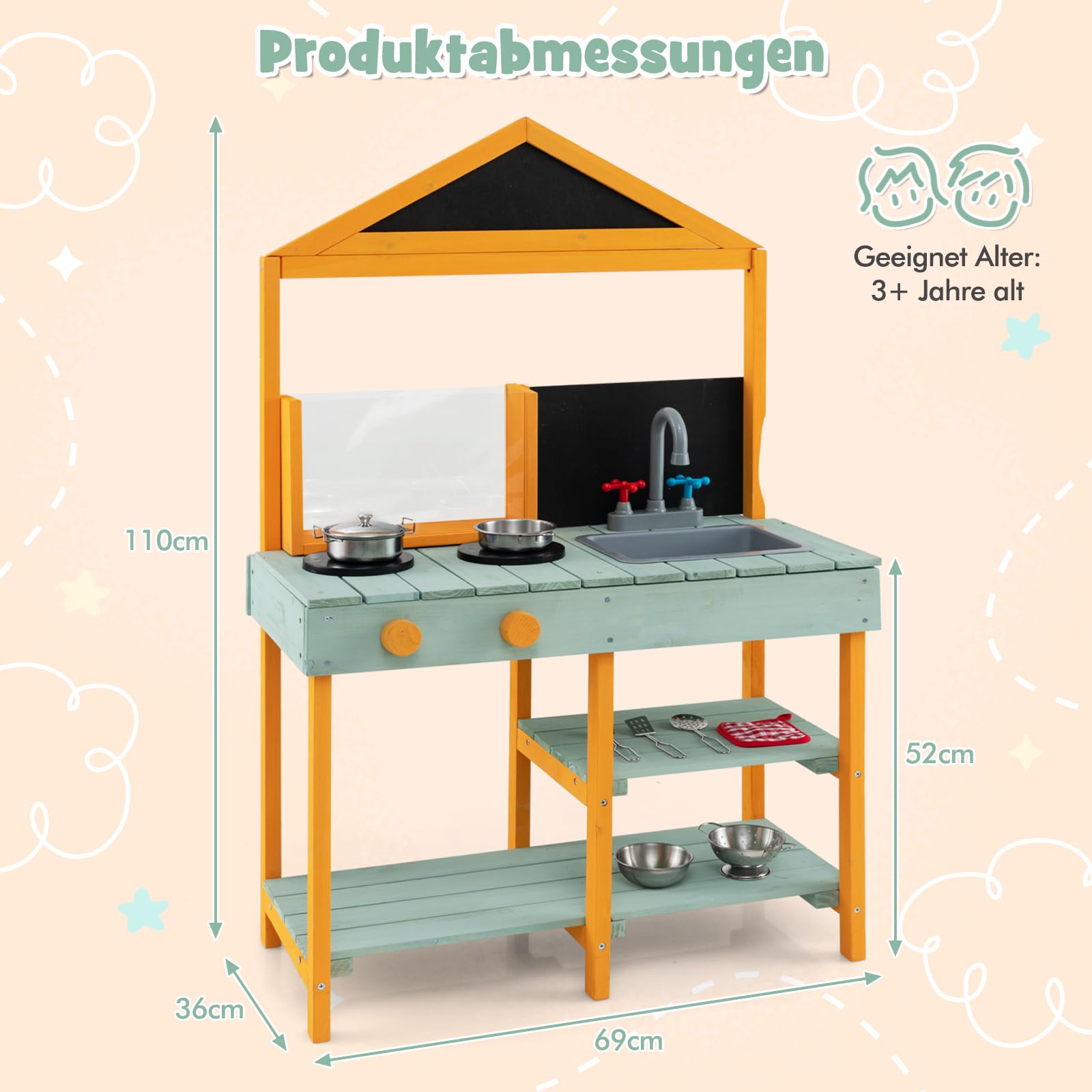 DREAMADE Matschküche Kinder Outdoor, Kinderküche Tannenholz, Spielküche mit Wasserhahn, Waschbecken, Herd, Tafel & Pflanzenbetrachter, Outdoor Küche inkl. 8 TLG. Zubehör für Kinder ab 3 Jahren (Grün)