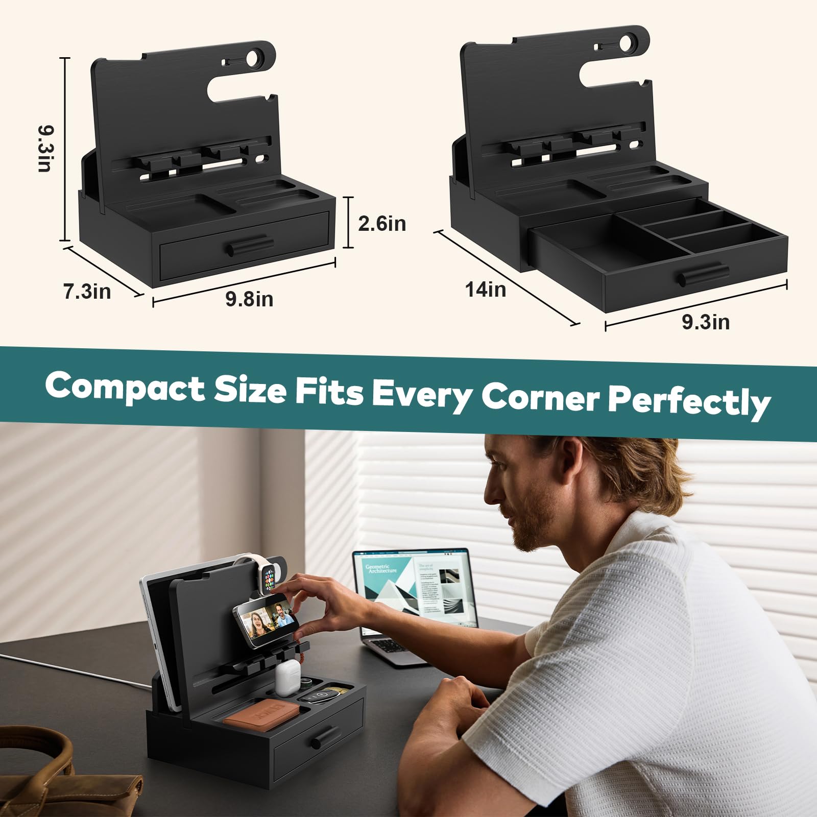 Sephyroth Docking station per telefono in bambù, organizer per comodino, supporto per cellulare, regalo per uomini, regalo di Natale per fidanzato, regalo per marito, con cassetto portaoggetti (nero)