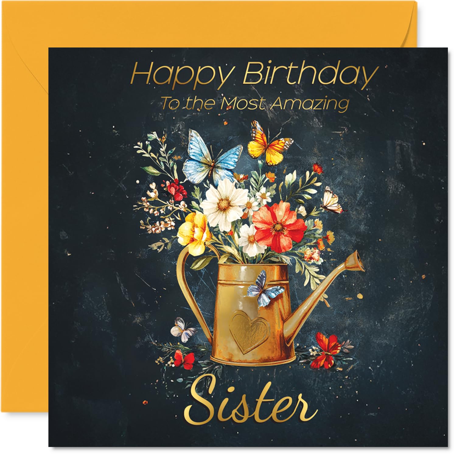 Gold Sister Birthday Card, Watering Can Flowers