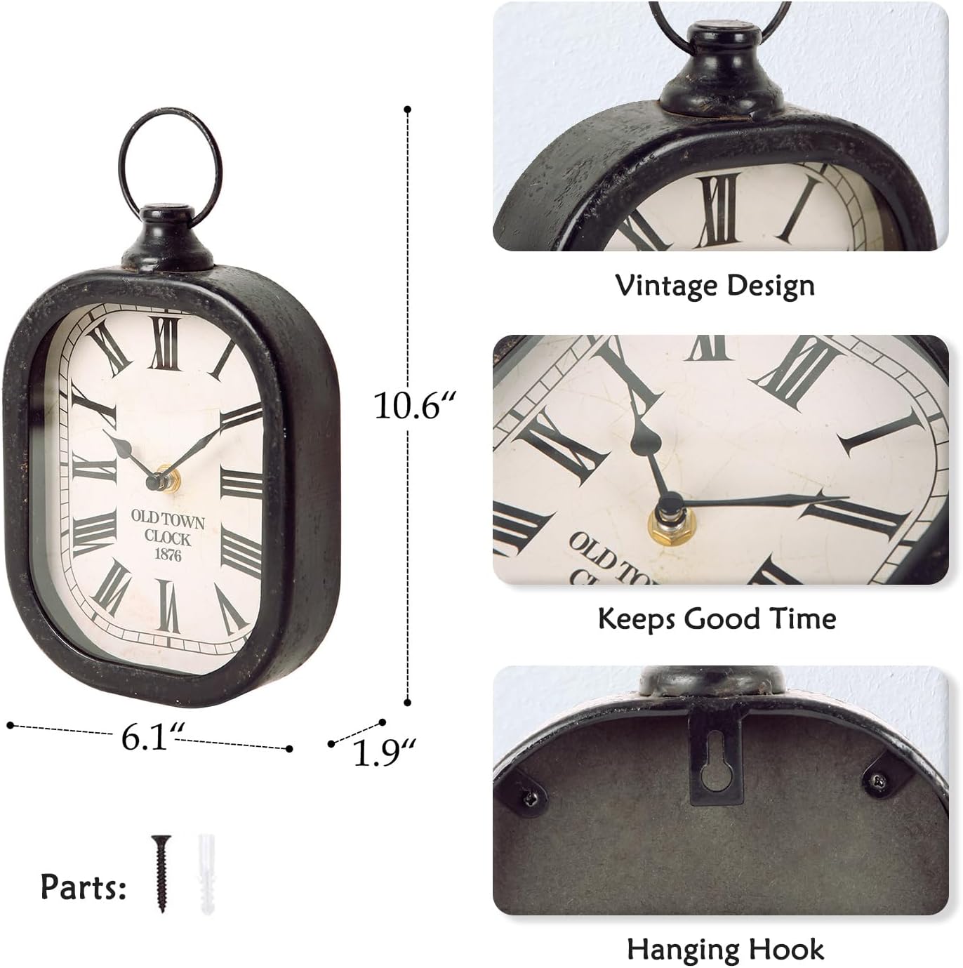 NIKKY HOME Small Retro Black Wall Clock, Silent Battery Operated Vintage Metal Rectangle Analog Hanging Clock for Bathroom Kitchen Living Room Bedroom Office (10.6" H x 6" W)